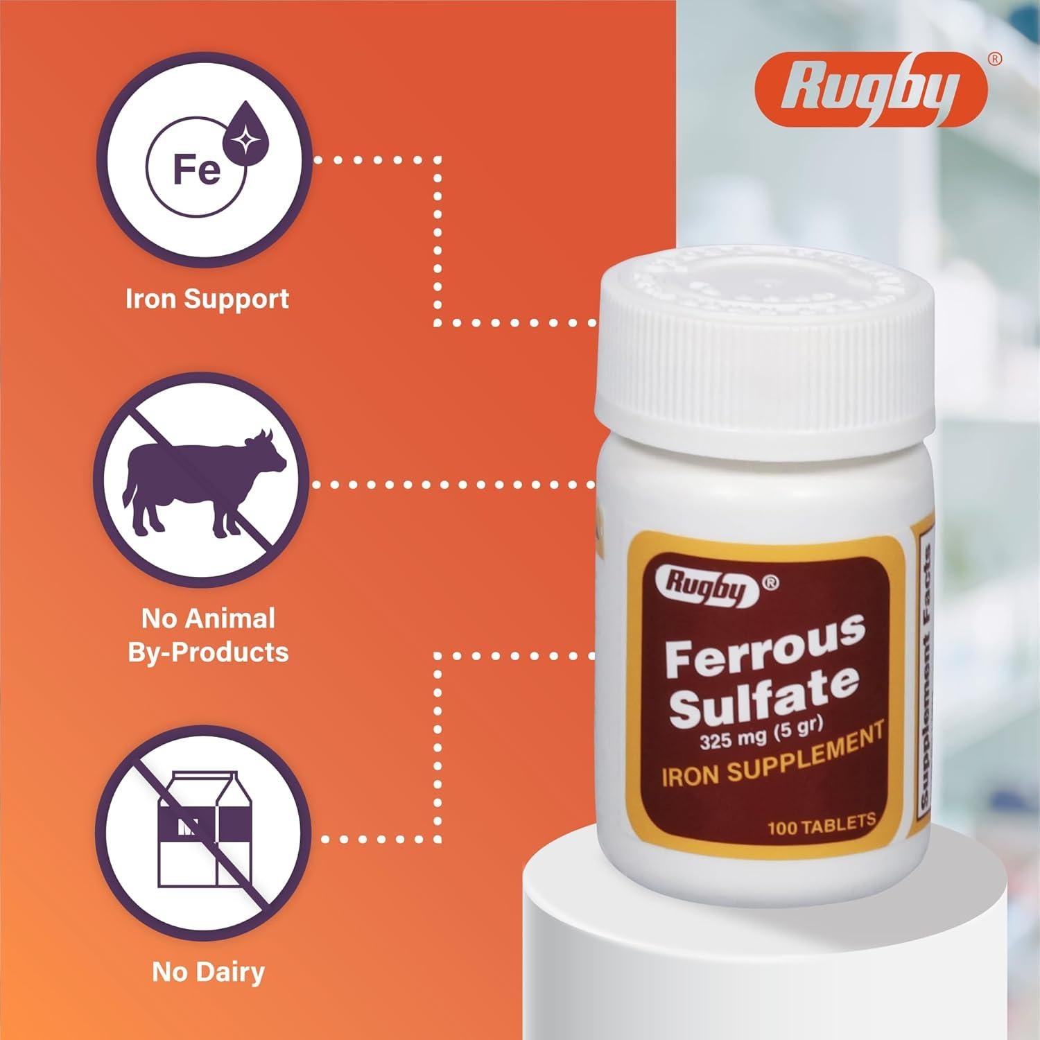 Tabletas de Sulfato Ferroso 325mg Rugby - Suplemento de Hierro 100 Unidades