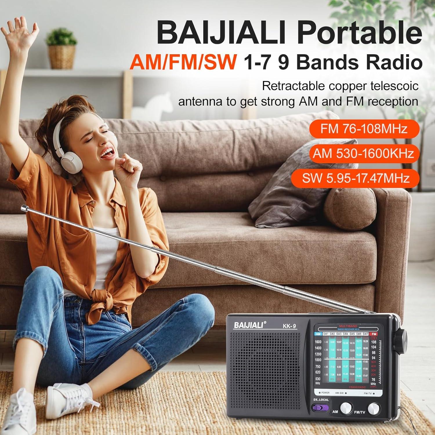 Radio portátil AM/FM BAIJIALI con sonido claro y fácil uso