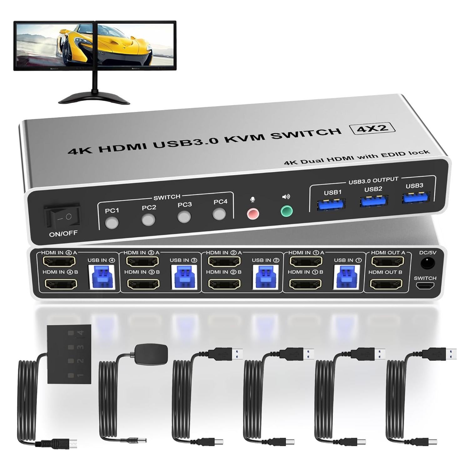 Conmutador KVM Rytaki Pro 4 Puertos USB 3.0 Doble Monitor 4K