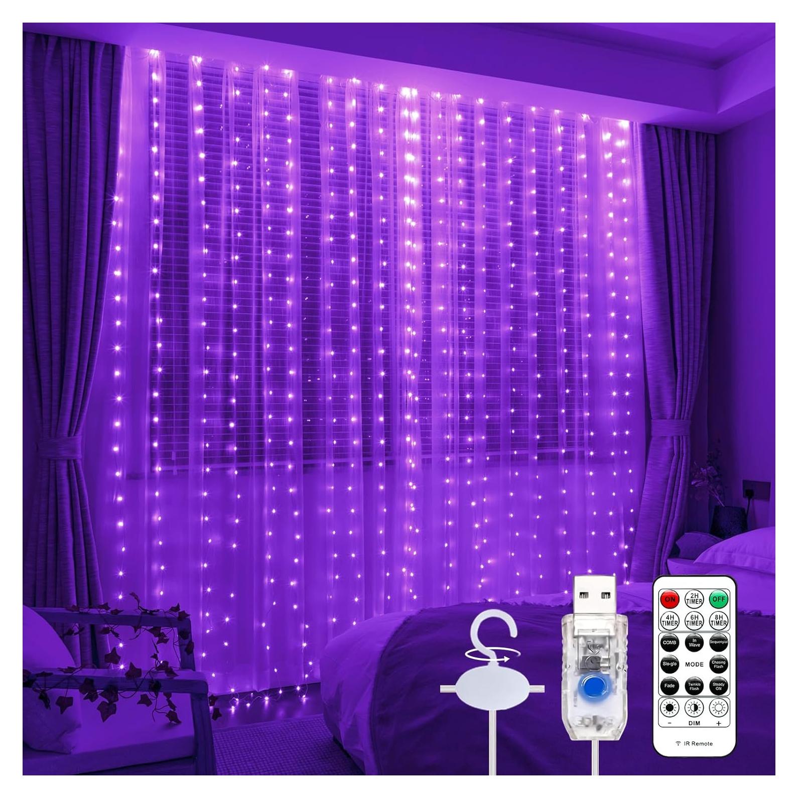 Cortina de Luz LED Púrpura 3m x 3m SINAMER 300 LEDs Control Remoto