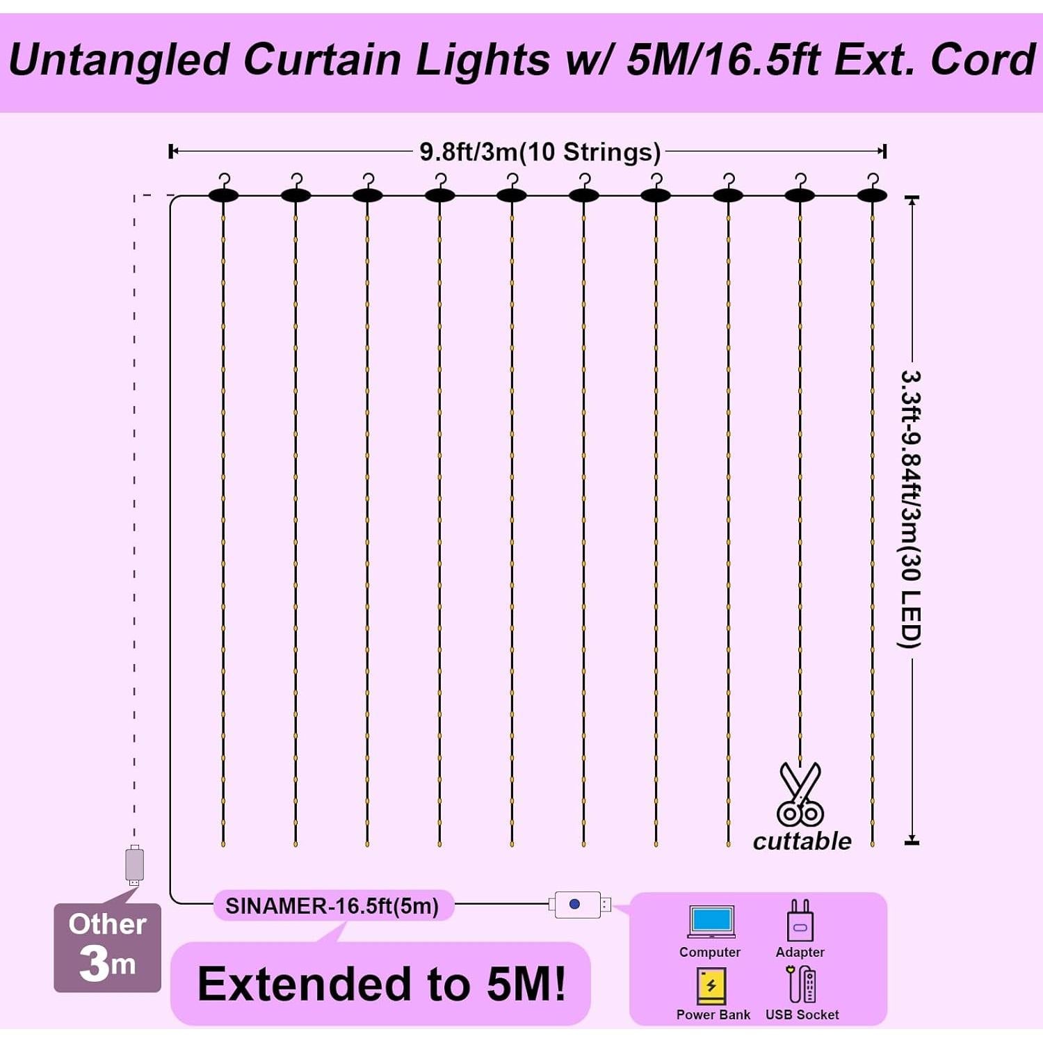 Cortina de Luz LED Púrpura 3m x 3m SINAMER 300 LEDs Control Remoto