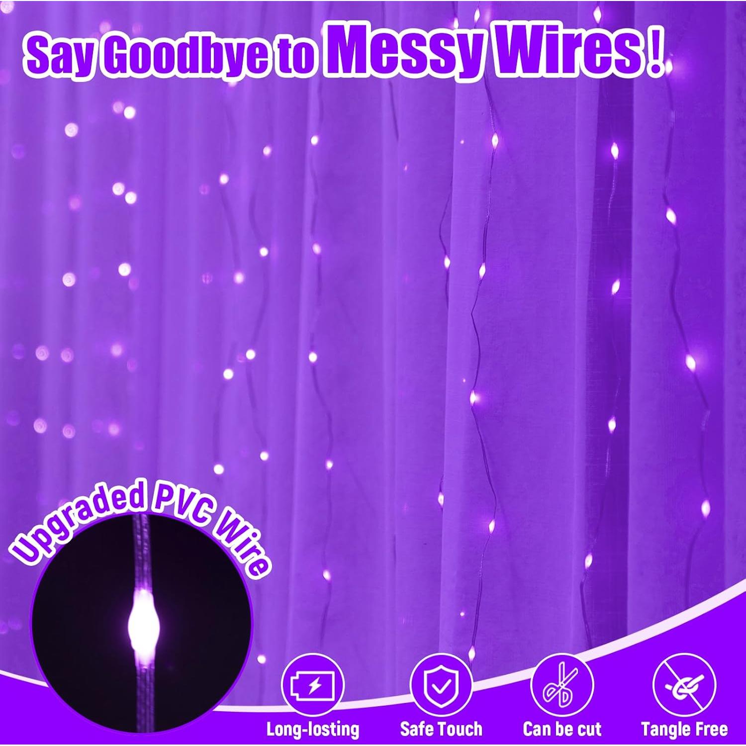 Cortina de Luz LED Púrpura 3m x 3m SINAMER 300 LEDs Control Remoto