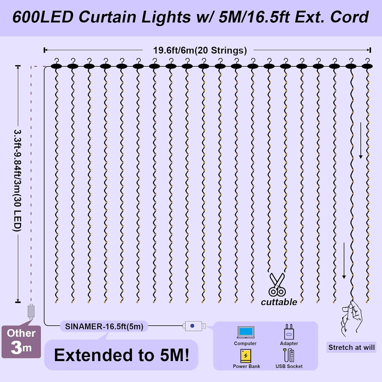 Luces de Cortina 600LED SINAMER 5.97m x 2.99m Blancas