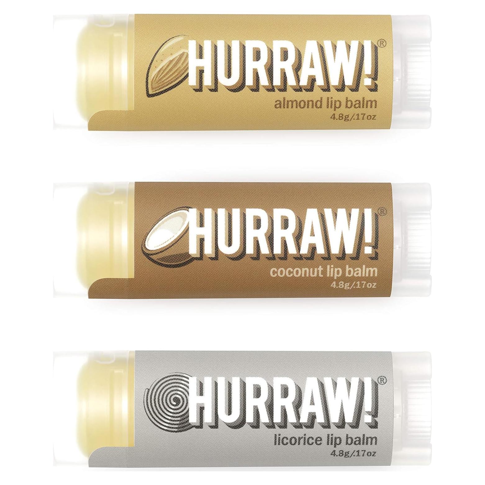Bálsamos Labiales Orgánicos Hurraw! - Almendra, Coco, Regaliz - 3 Unidades