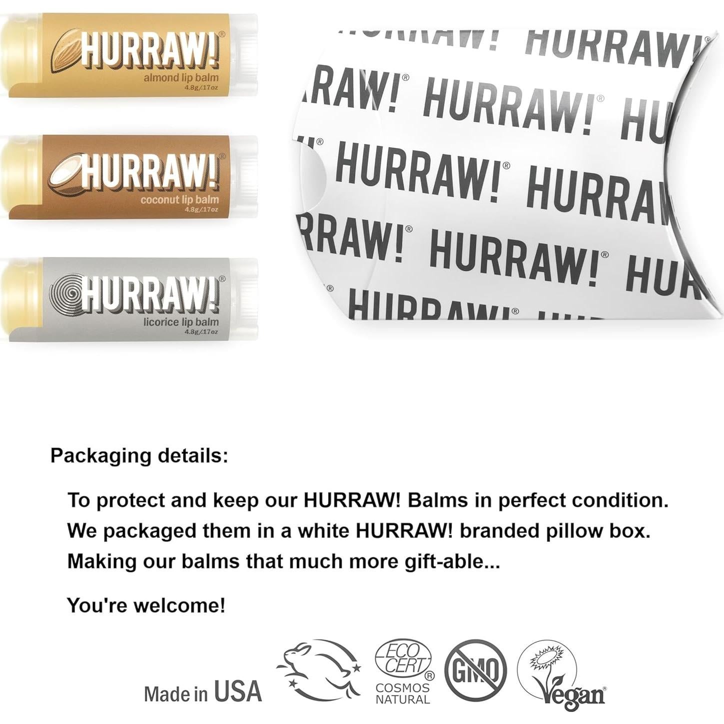Bálsamos Labiales Orgánicos Hurraw! - Almendra, Coco, Regaliz - 3 Unidades