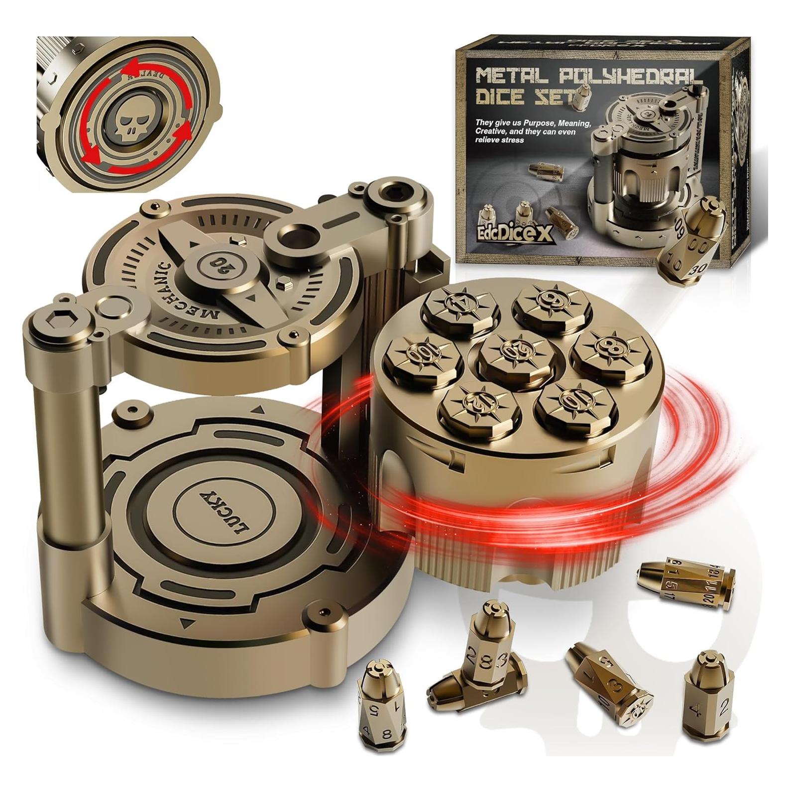 Set de 7 Dados Poliedricos de Metal YNWML con Estuche Revólver