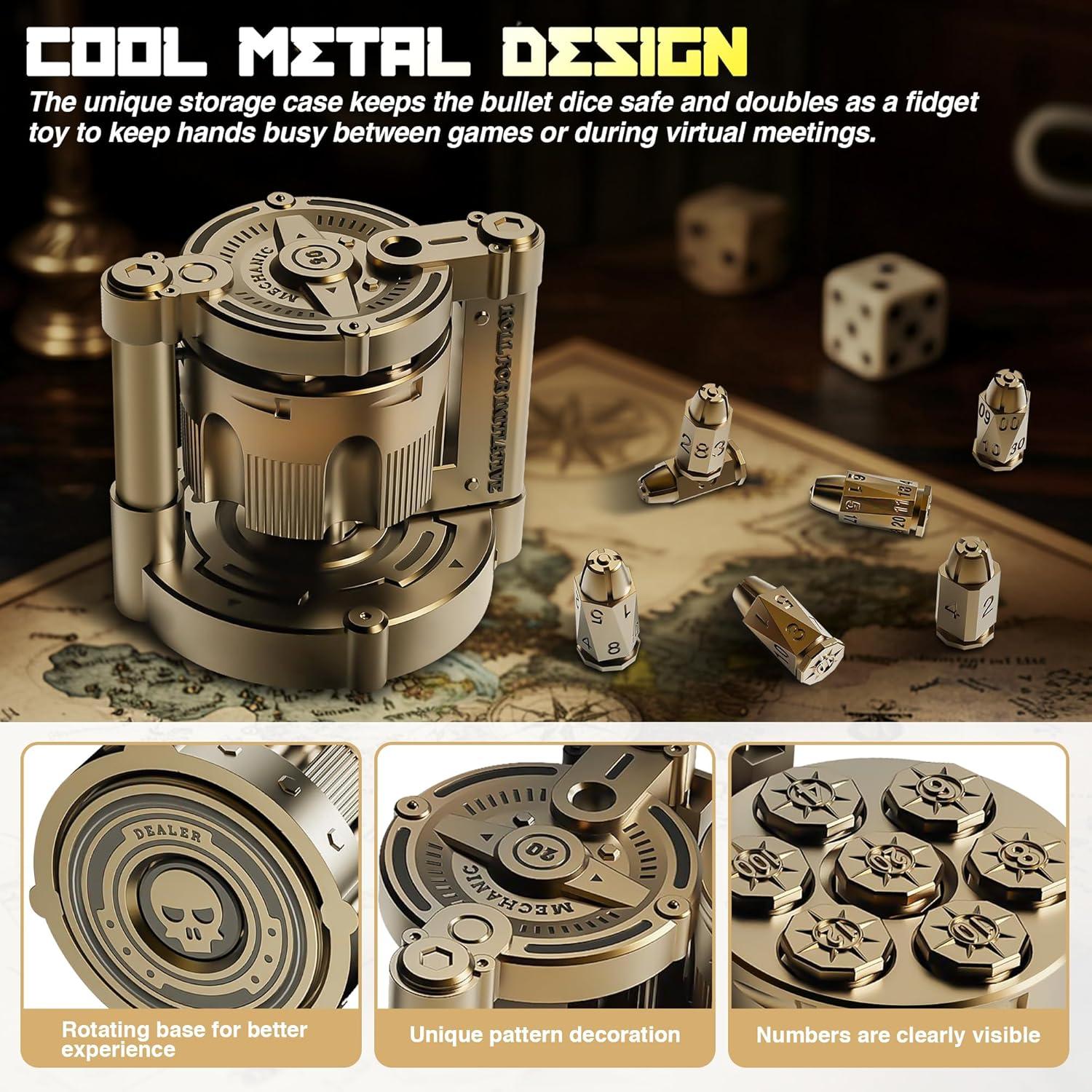 Set de 7 Dados Poliedricos de Metal YNWML con Estuche Revólver