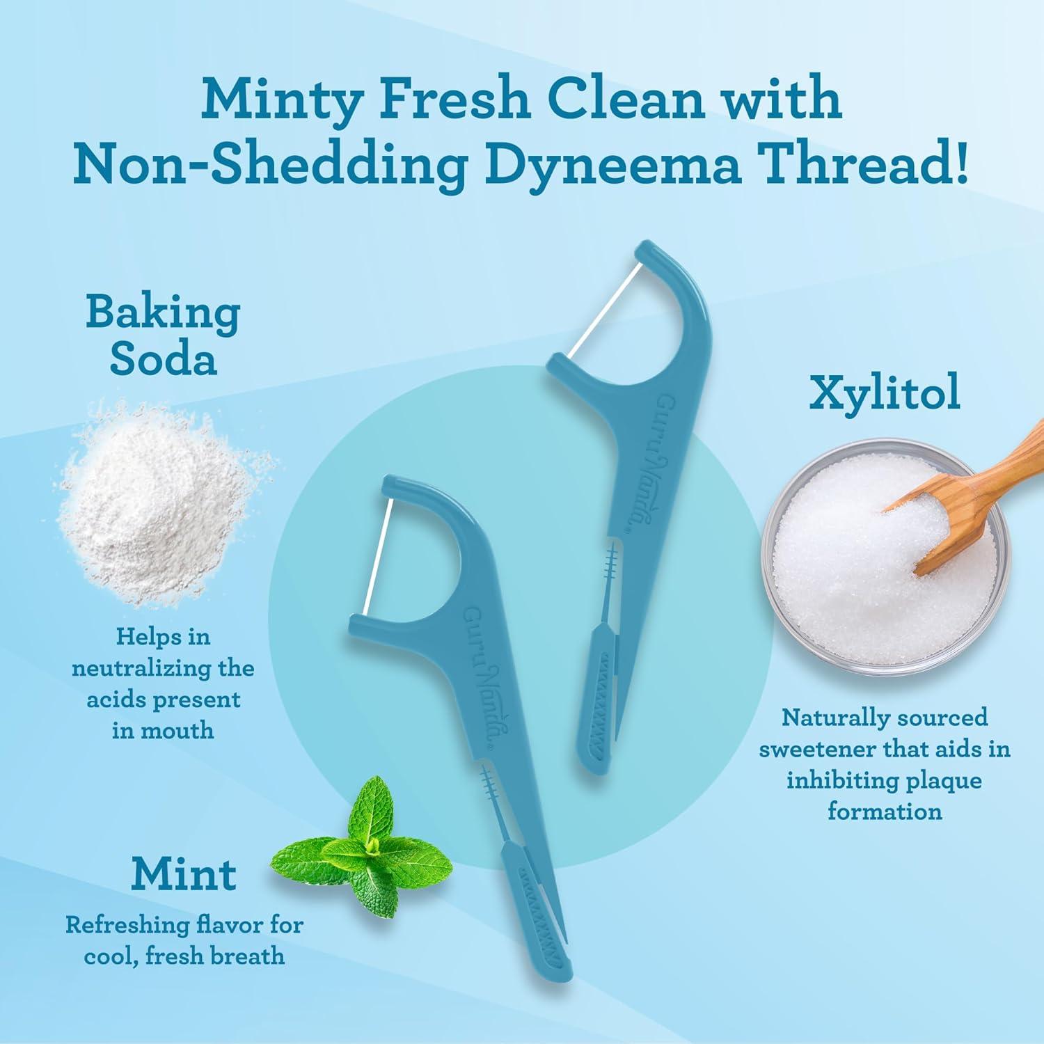 GuruNanda Quad Clean Floss Picks 4-in-1 with Tongue Scraper, Interdental Pik & Toothpick, Non-Shred Dyneema Thread, with Xylitol & Baking Soda, 50ct
