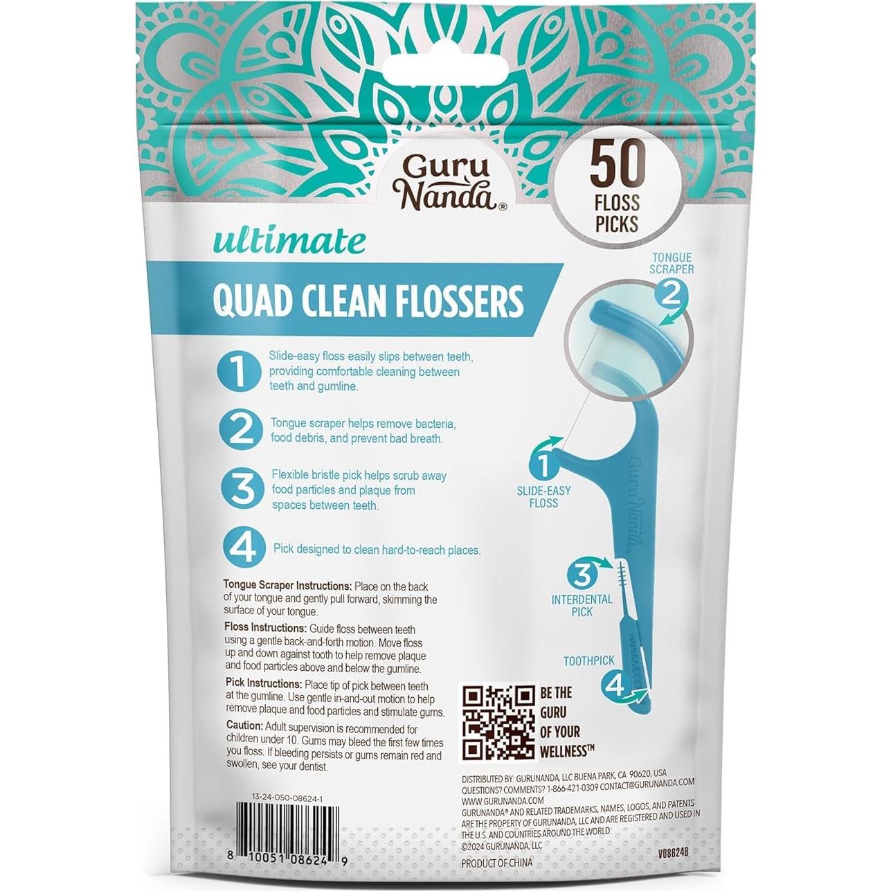 GuruNanda Quad Clean Floss Picks 4-in-1 with Tongue Scraper, Interdental Pik & Toothpick, Non-Shred Dyneema Thread, with Xylitol & Baking Soda, 50ct