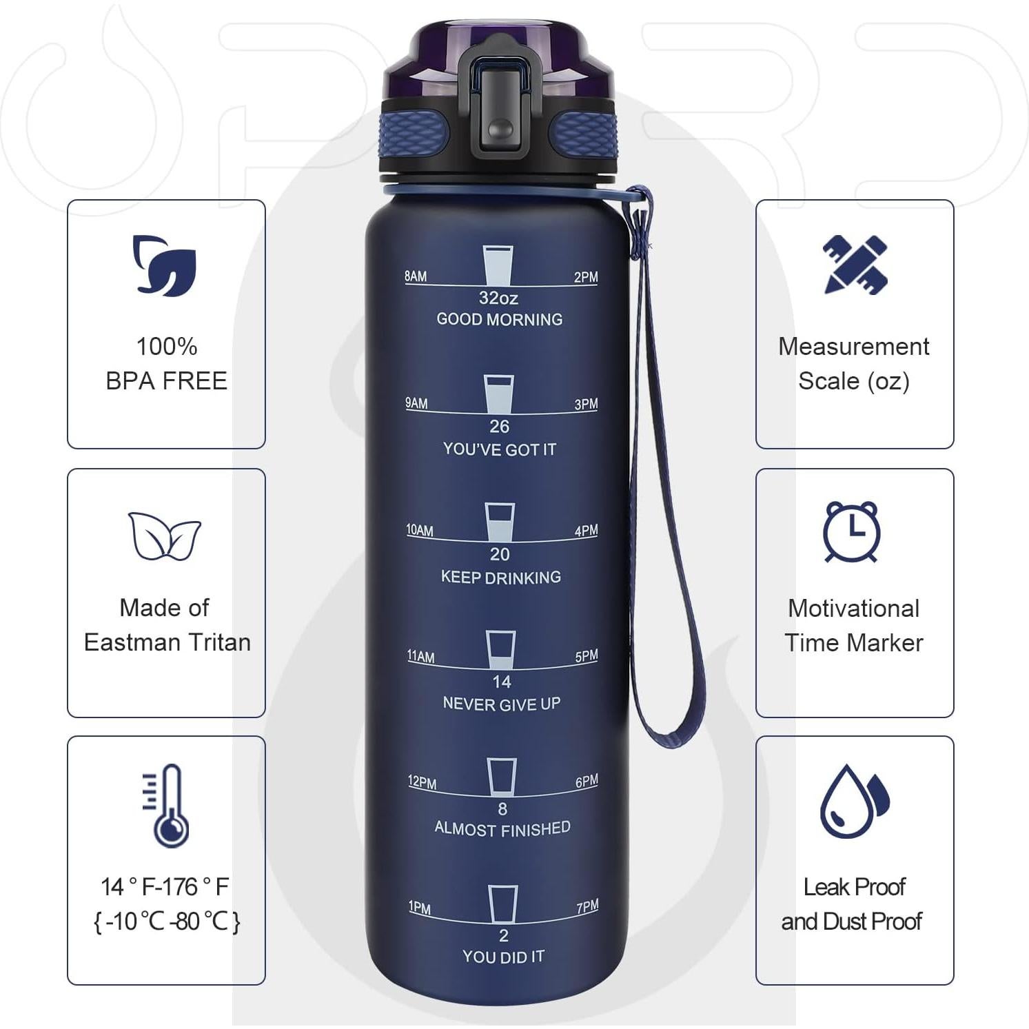 Botella de Agua Deportiva Opard 1000ml con Marcador de Tiempo