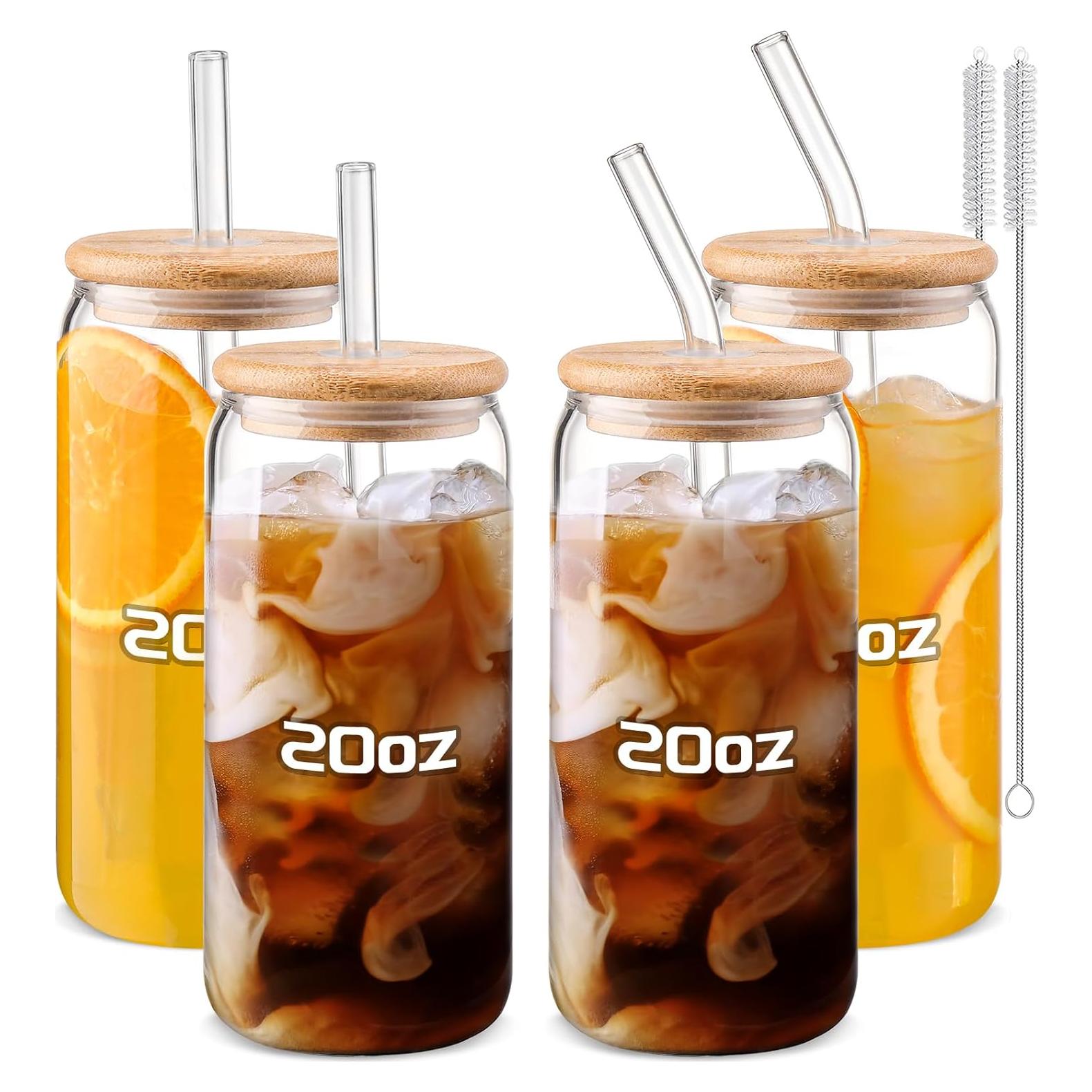 Juego de 4 Tazas de Vidrio 20oz con Tapas y Pajitas DWTS