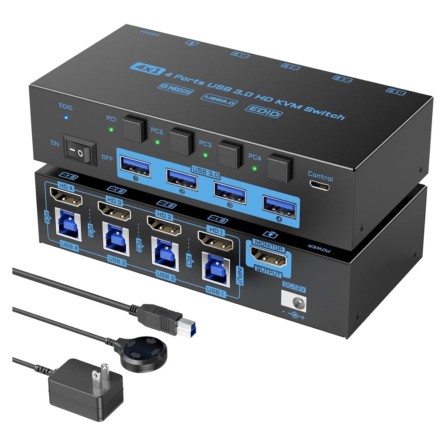 Interruptor KVM HDMI ANXQQ 4 Puertos 8K 60Hz USB 3.0