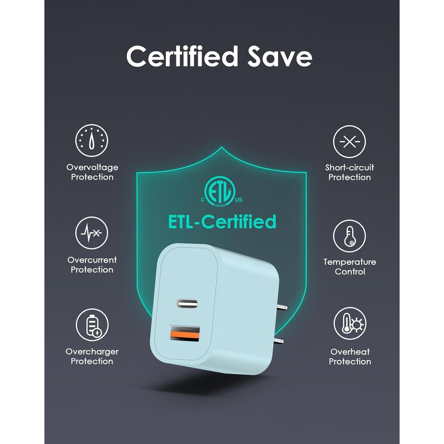 Cargador USB C Rápido 20W y USB-A 18W - 4 Pack Azul