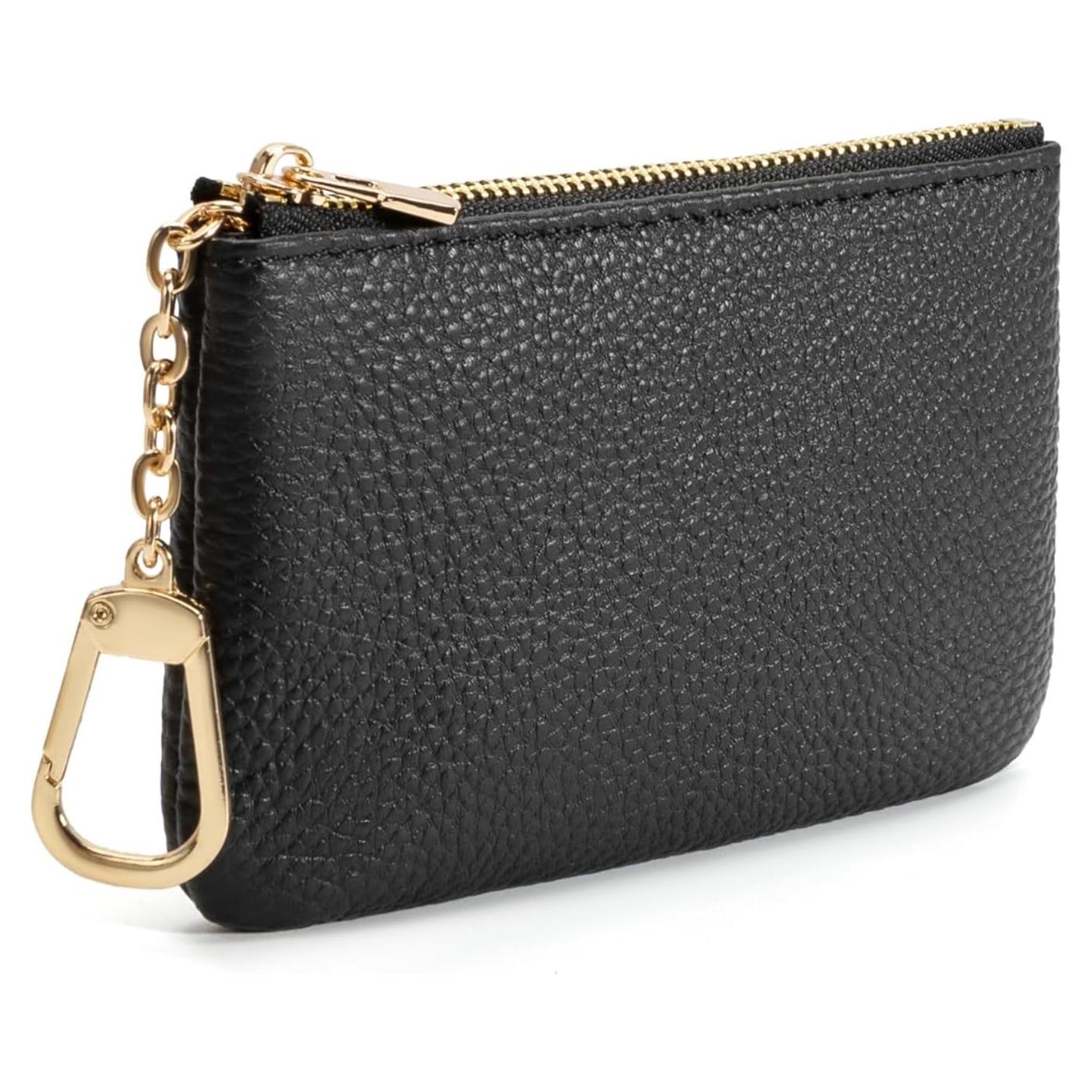 Full Grain Leather Coin Purse with Key Chain - Small Change Purse Keychain Card Holder Keychain Pouch Small Keychain Wallet for Women and Men (Black - Large Size)