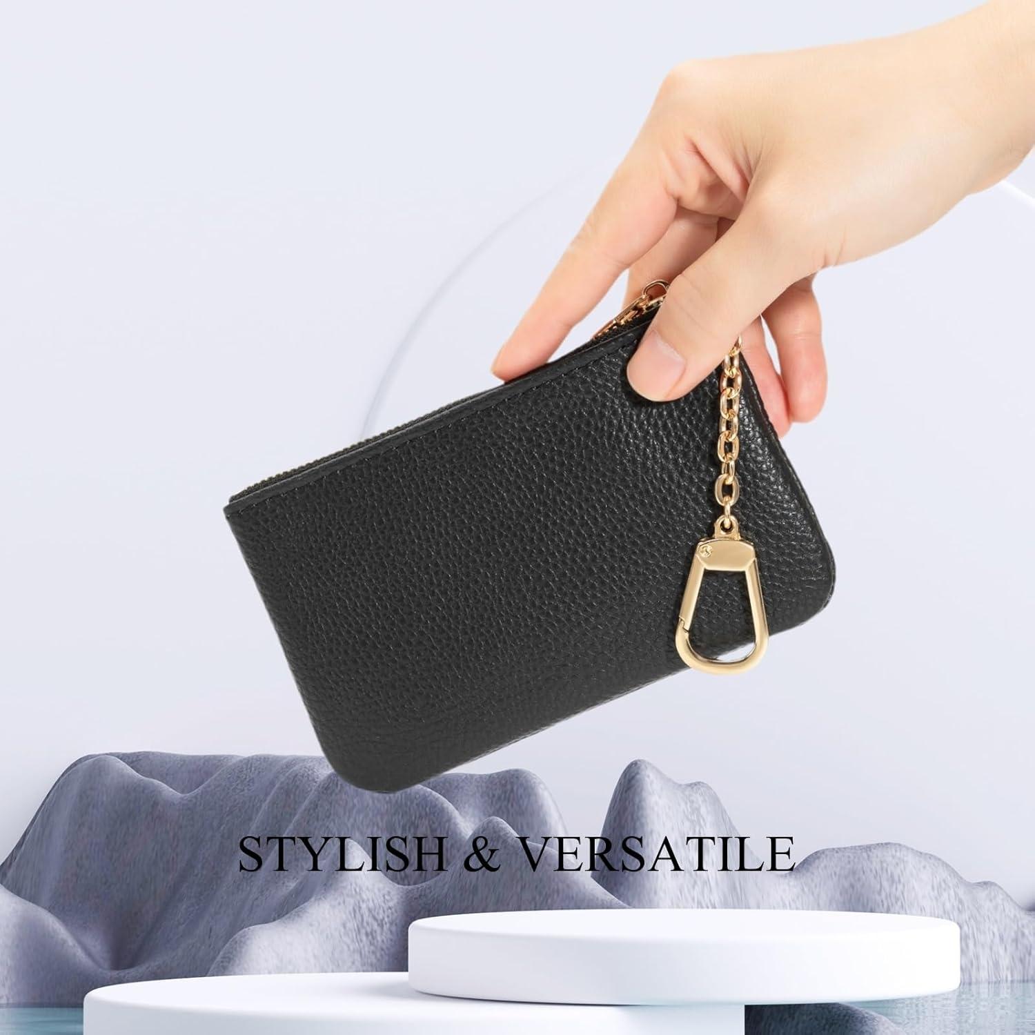 Full Grain Leather Coin Purse with Key Chain - Small Change Purse Keychain Card Holder Keychain Pouch Small Keychain Wallet for Women and Men (Black - Large Size)