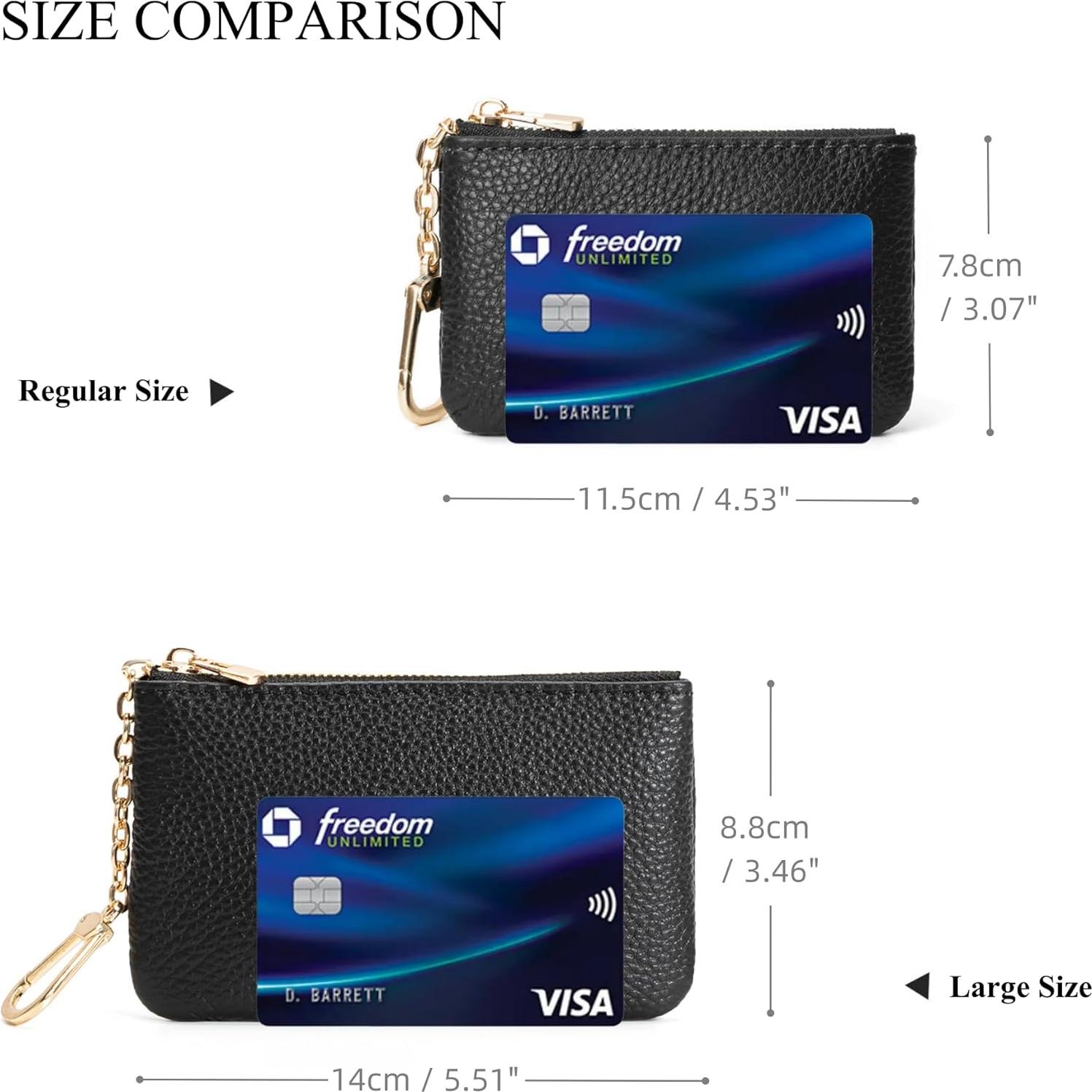 Full Grain Leather Coin Purse with Key Chain - Small Change Purse Keychain Card Holder Keychain Pouch Small Keychain Wallet for Women and Men (Black - Large Size)