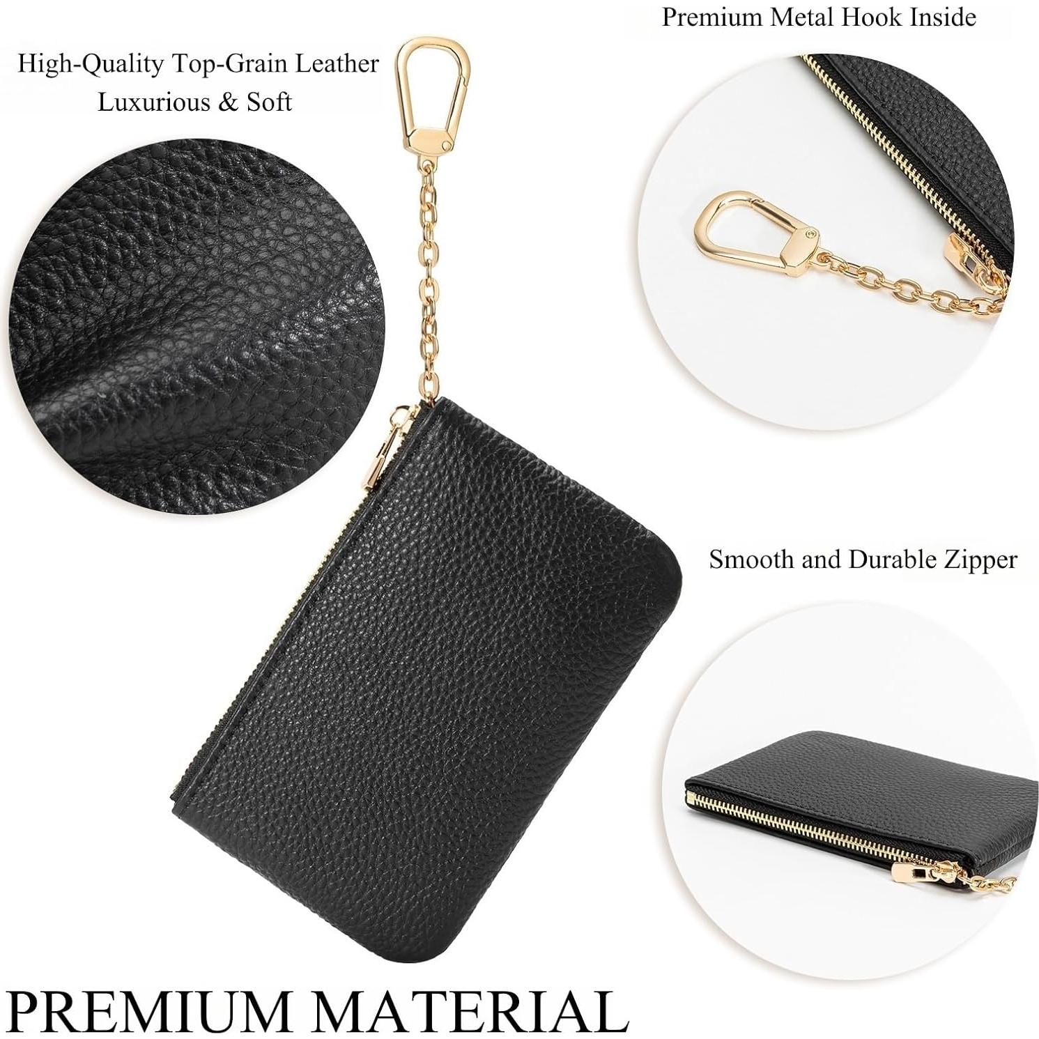 Full Grain Leather Coin Purse with Key Chain - Small Change Purse Keychain Card Holder Keychain Pouch Small Keychain Wallet for Women and Men (Black - Large Size)