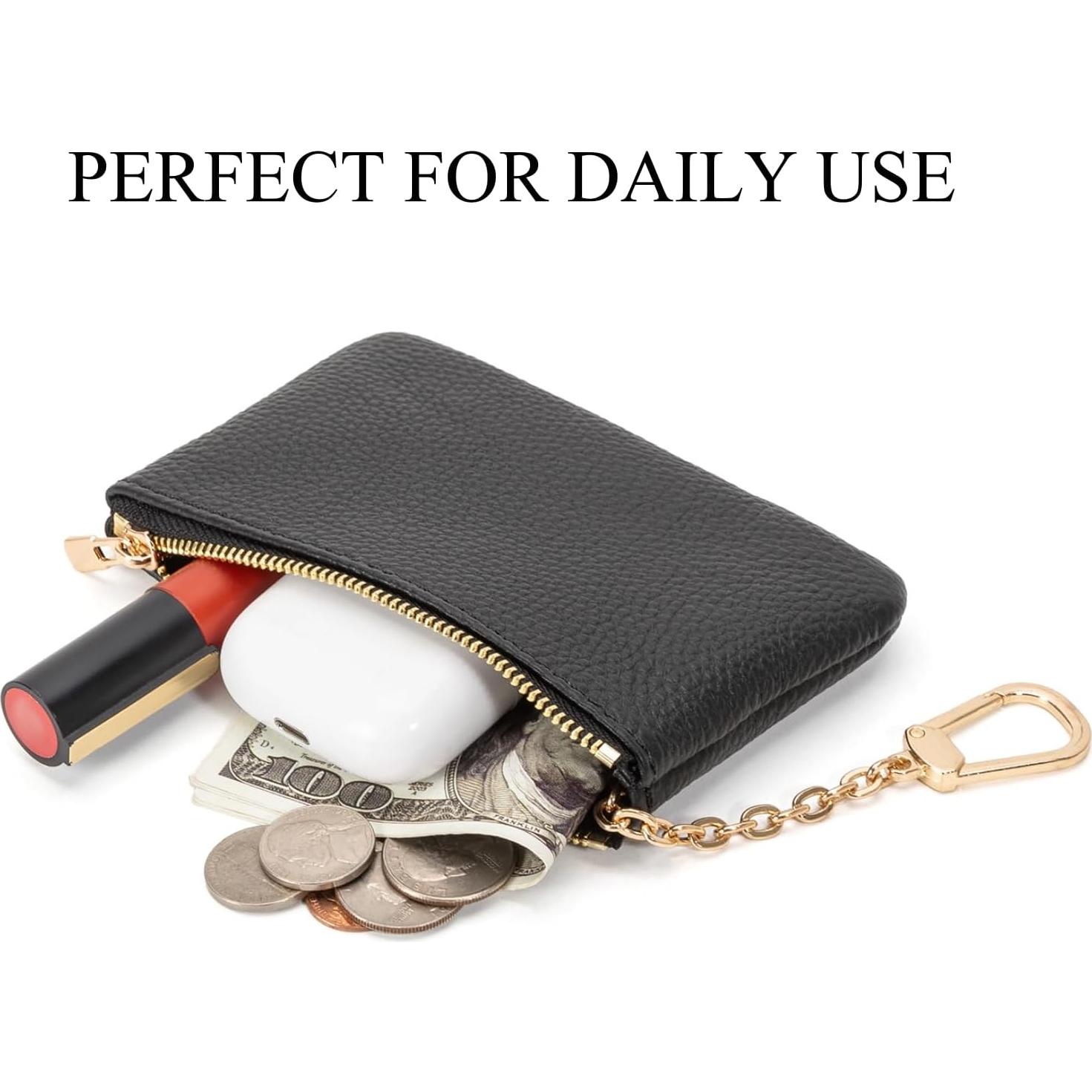 Full Grain Leather Coin Purse with Key Chain - Small Change Purse Keychain Card Holder Keychain Pouch Small Keychain Wallet for Women and Men (Black - Large Size)