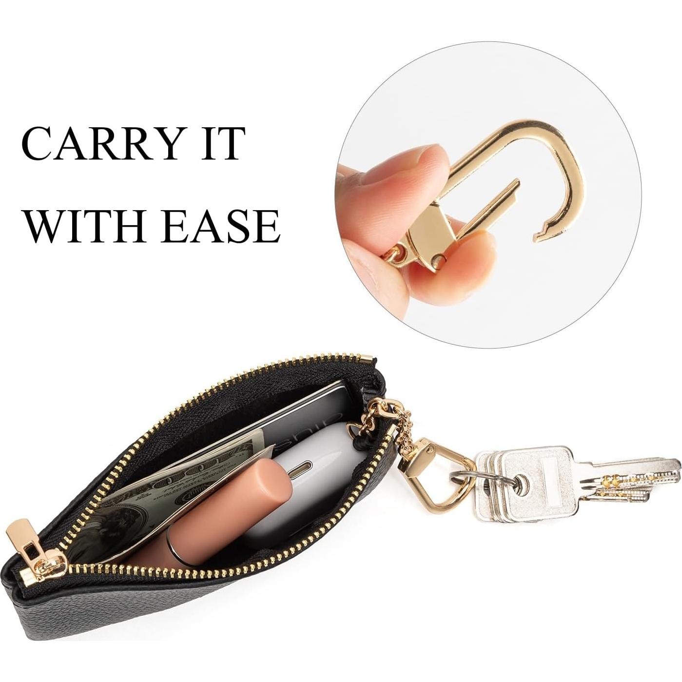 Full Grain Leather Coin Purse with Key Chain - Small Change Purse Keychain Card Holder Keychain Pouch Small Keychain Wallet for Women and Men (Black - Large Size)