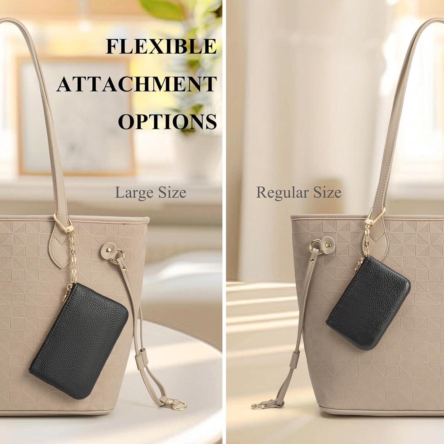 Full Grain Leather Coin Purse with Key Chain - Small Change Purse Keychain Card Holder Keychain Pouch Small Keychain Wallet for Women and Men (Black - Large Size)