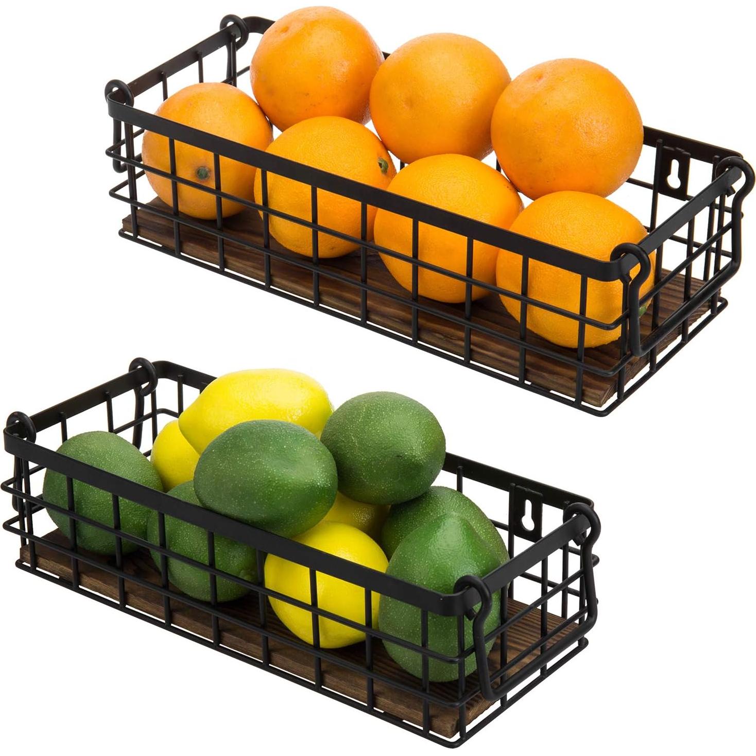 Juego de 2 Cestas de Alambre MyGift con Base de Madera Quemada