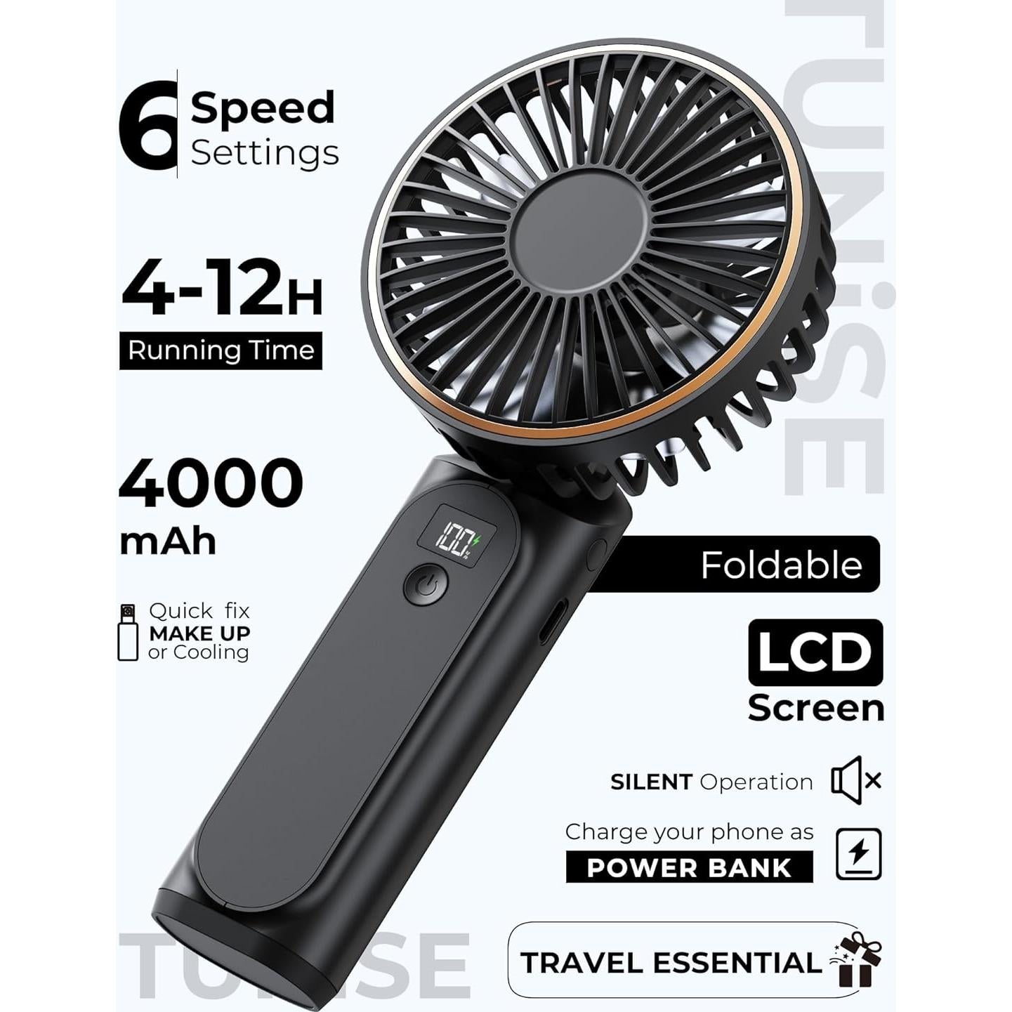 Ventilador Portátil de Mano TUNISE M12 4000mAh 6 Velocidades
