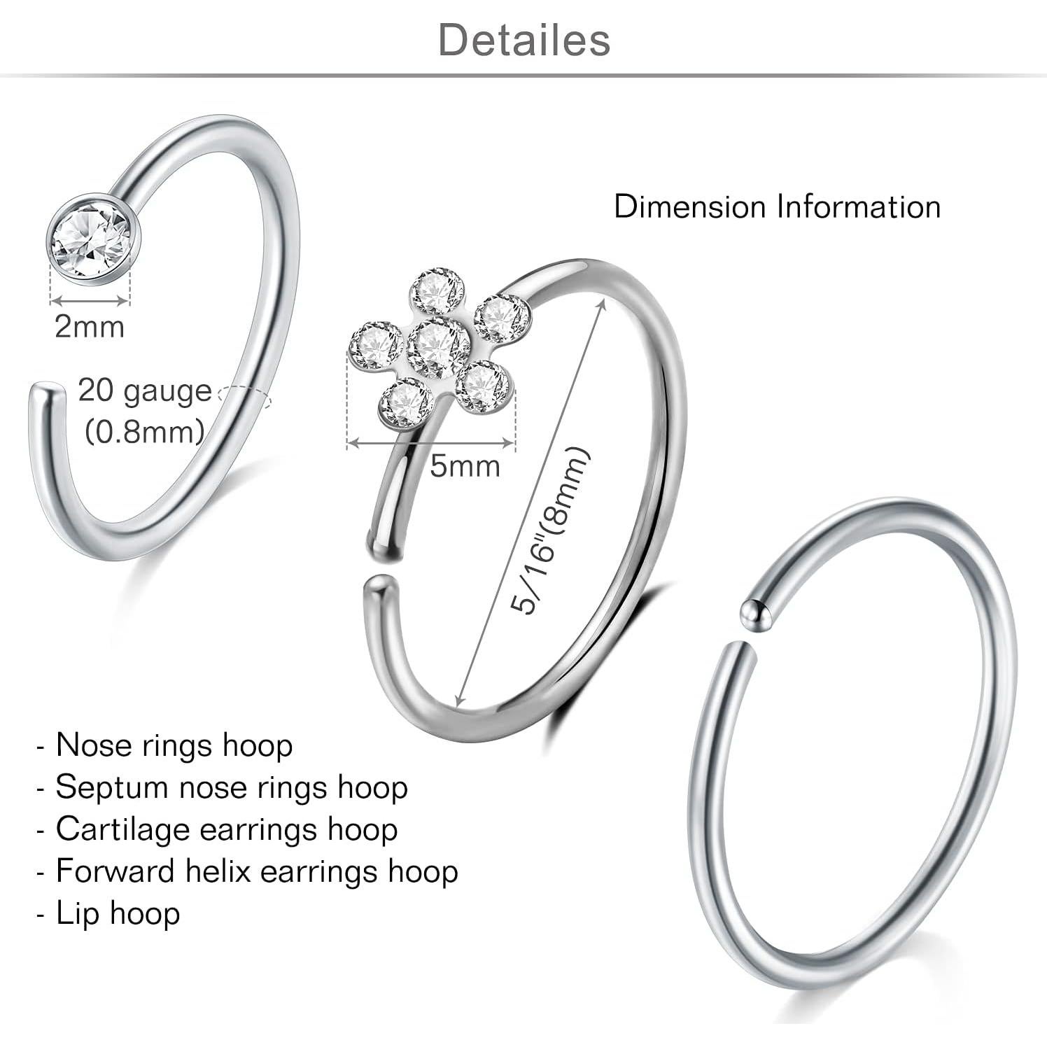 Anillos de Nariz MODRSA 20g Acero Quirúrgico 12pcs Plata