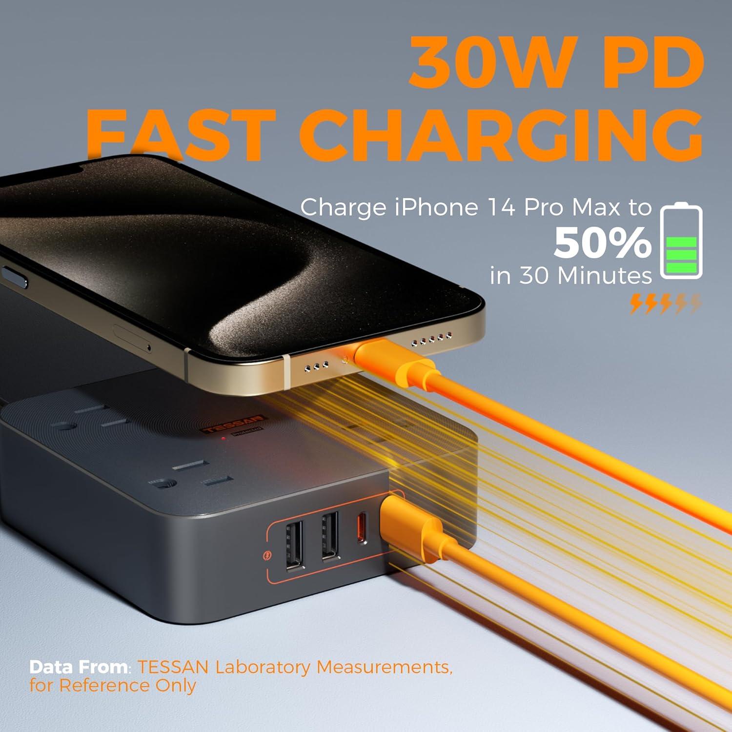 Regleta USB C 30W TESSAN 6 PIES 8 en 1 con Protección