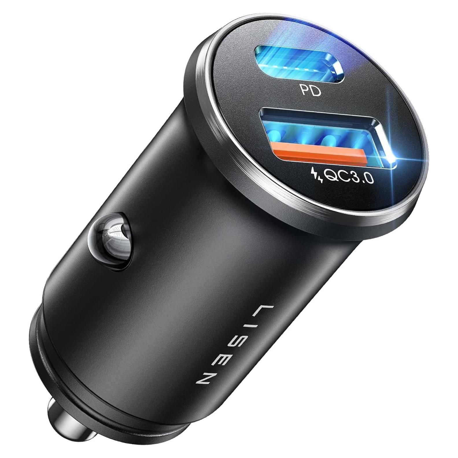 Cargador de Coche USB C LISEN 54W Carga Rápida 12V Negro