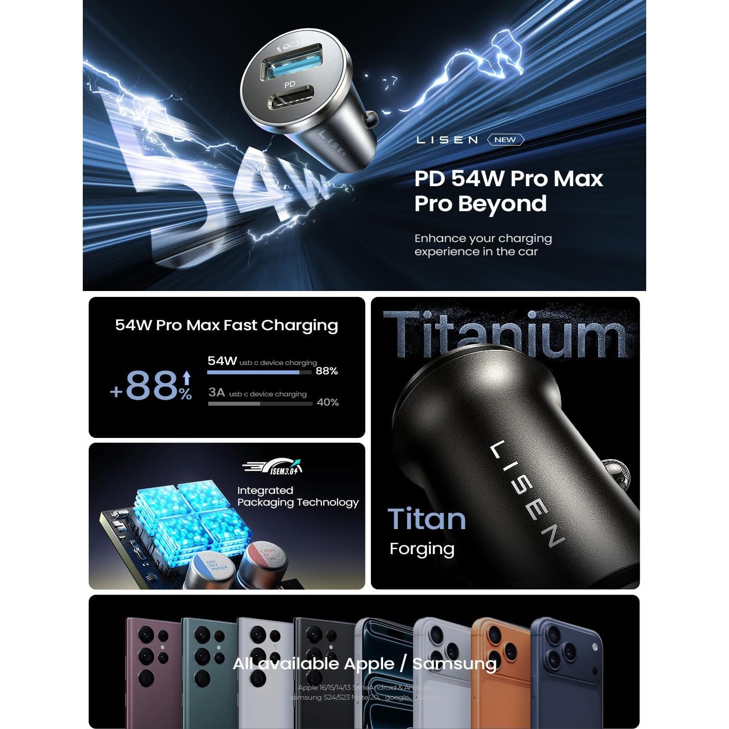 Cargador de Coche USB C LISEN 54W Carga Rápida 12V Negro