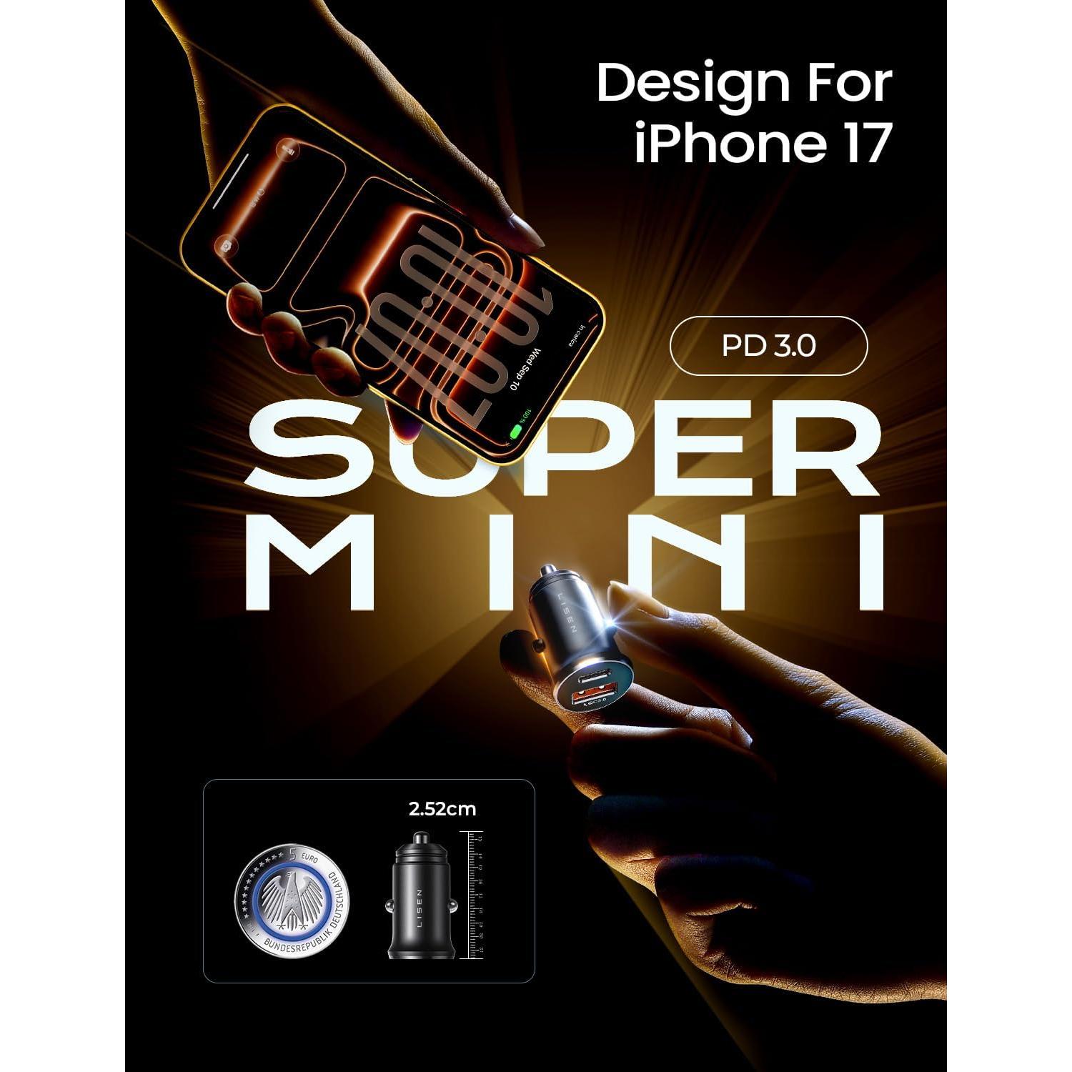 Cargador de Coche USB C LISEN 54W Carga Rápida 12V Negro