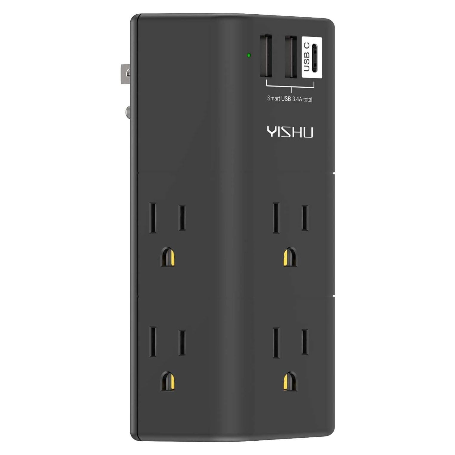 Regleta de Energía YISHU con 6 Salidas AC y 3 USB, Negro