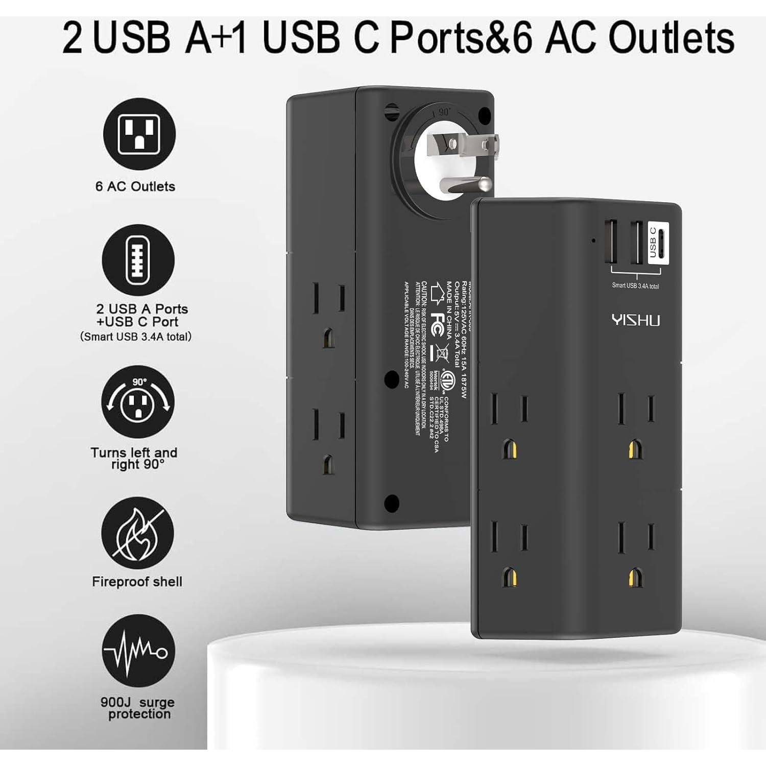 Regleta de Energía YISHU con 6 Salidas AC y 3 USB, Negro