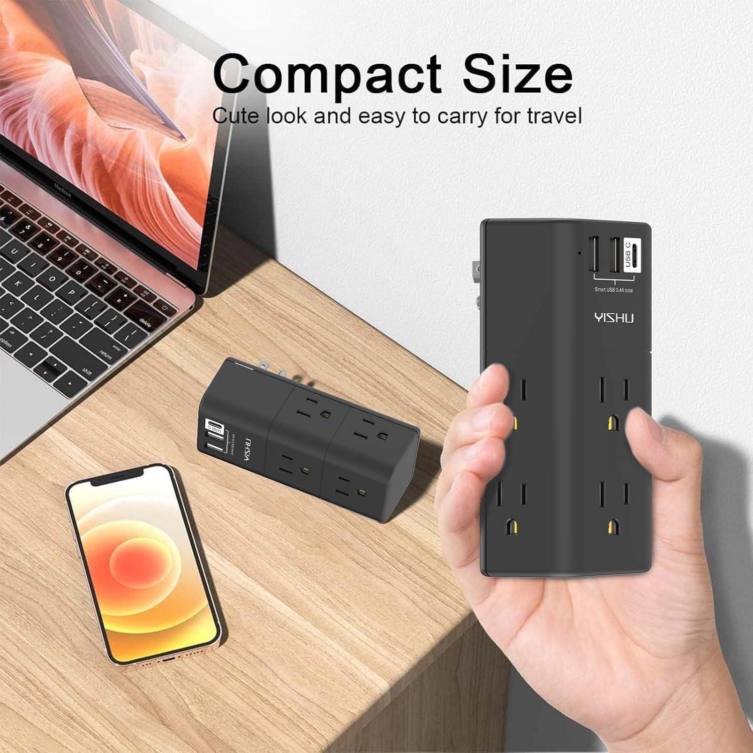 Regleta de Energía YISHU con 6 Salidas AC y 3 USB, Negro