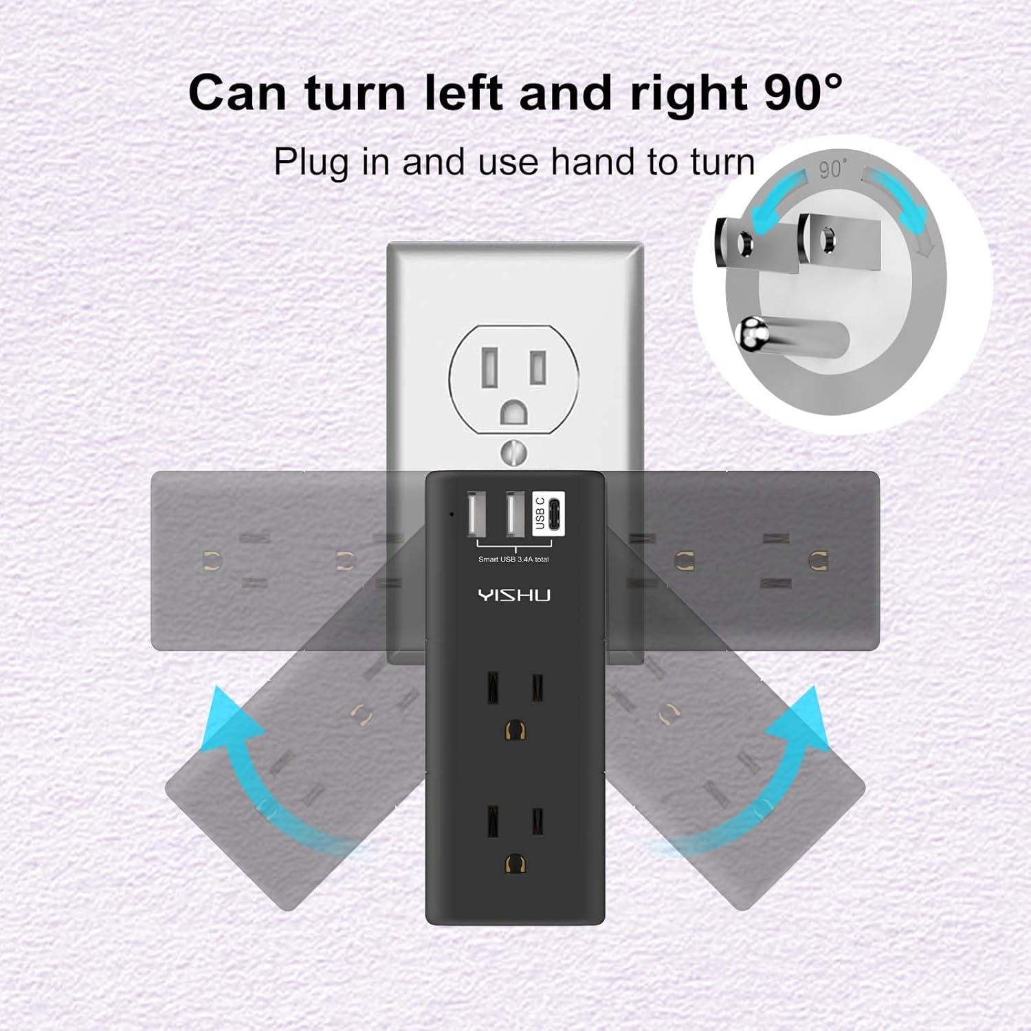 Regleta de Energía YISHU con 6 Salidas AC y 3 USB, Negro