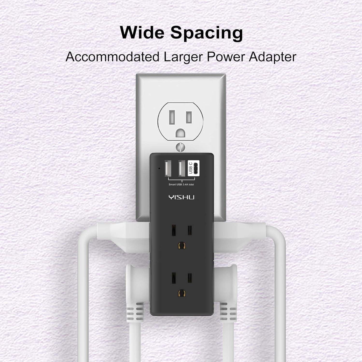 Regleta de Energía YISHU con 6 Salidas AC y 3 USB, Negro