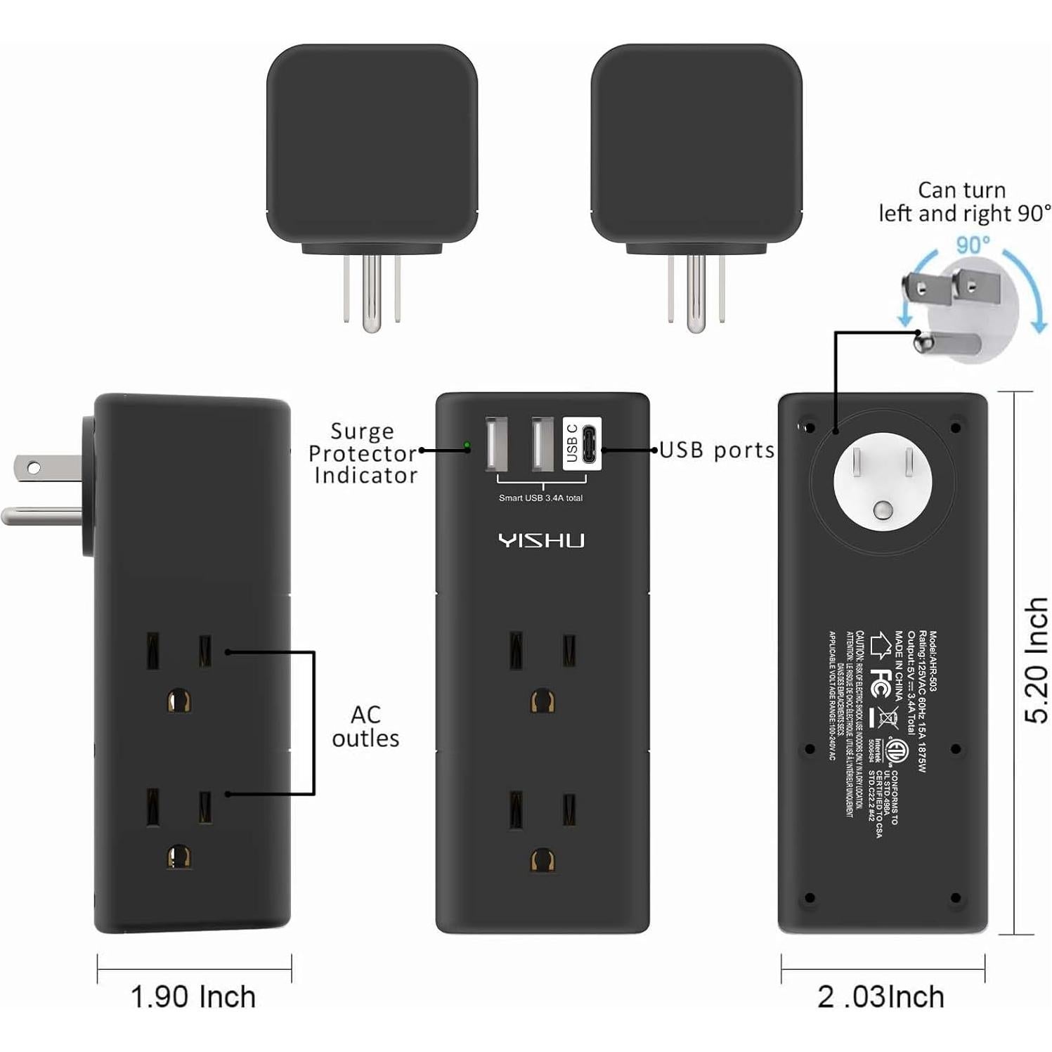 Regleta de Energía YISHU con 6 Salidas AC y 3 USB, Negro