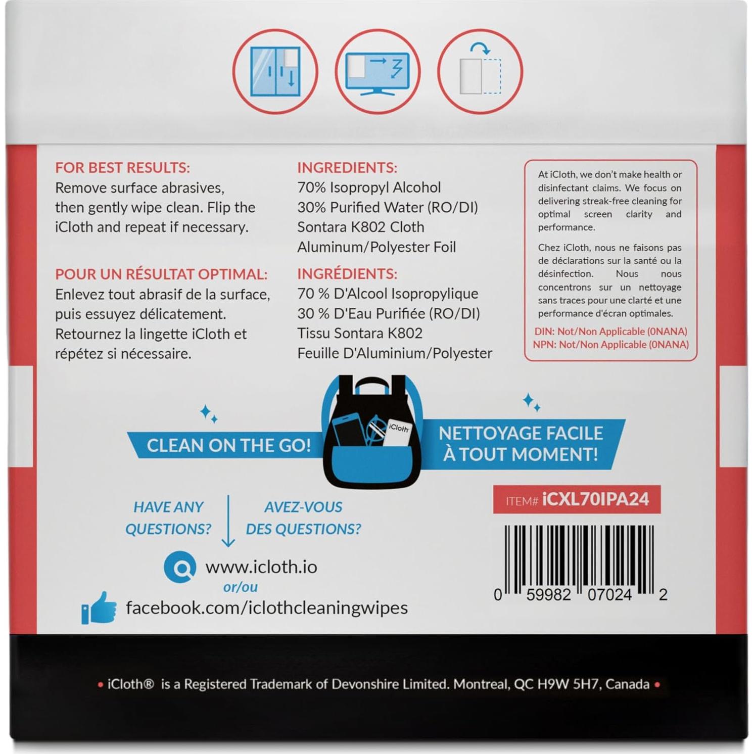 Toallitas de Pantalla iCloth XL 24 Unidades 70% Alcohol Isopropílico