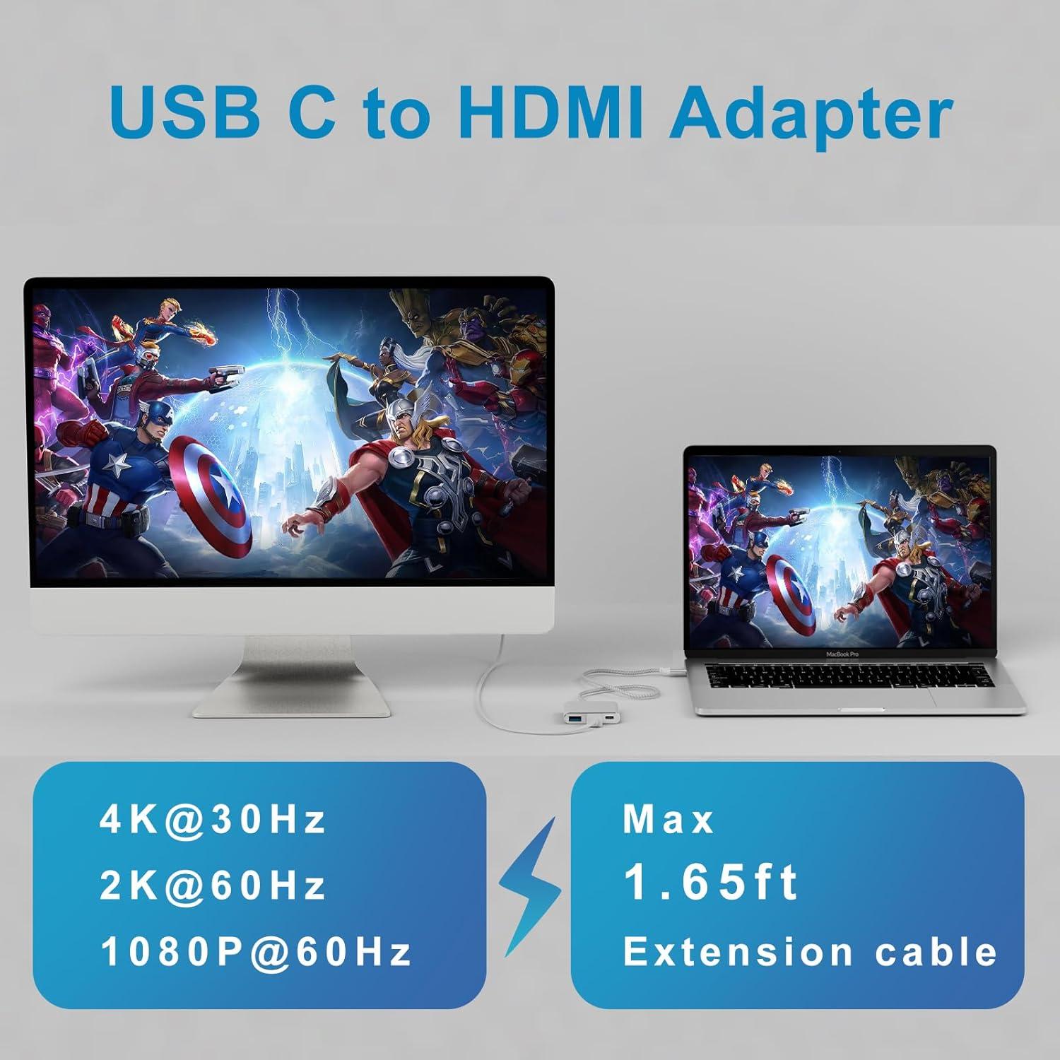 Adaptador USB-C a 4K HDTV Battony 3-en-1, 50cm, 100W PD