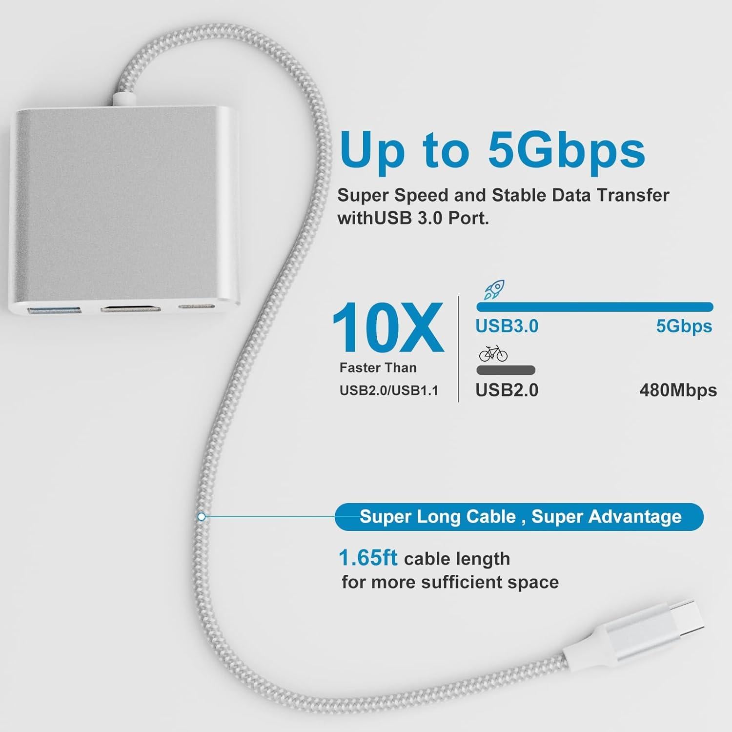 Adaptador USB-C a 4K HDTV Battony 3-en-1, 50cm, 100W PD