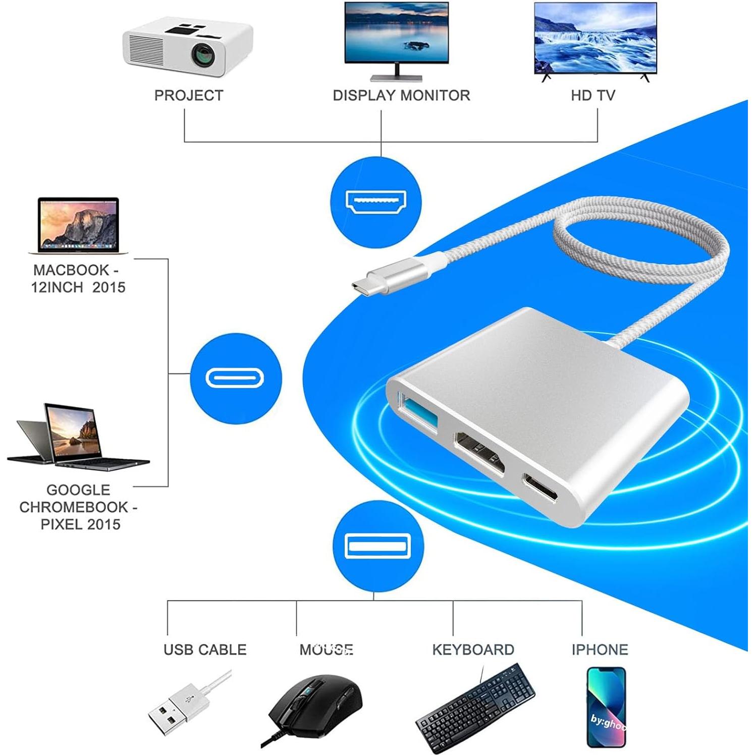 Adaptador USB-C a 4K HDTV Battony 3-en-1, 50cm, 100W PD