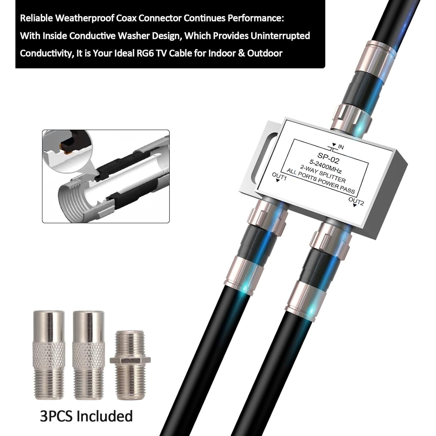 Cable Coaxial RG6 0.91m Negro con Conector F y Adaptador F81