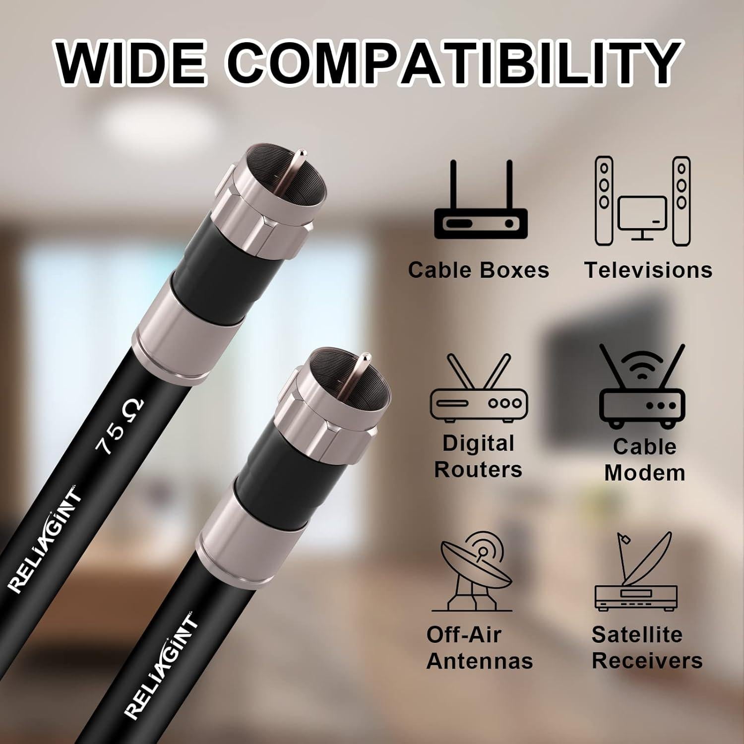 Cable Coaxial RG6 0.91m Negro con Conector F y Adaptador F81