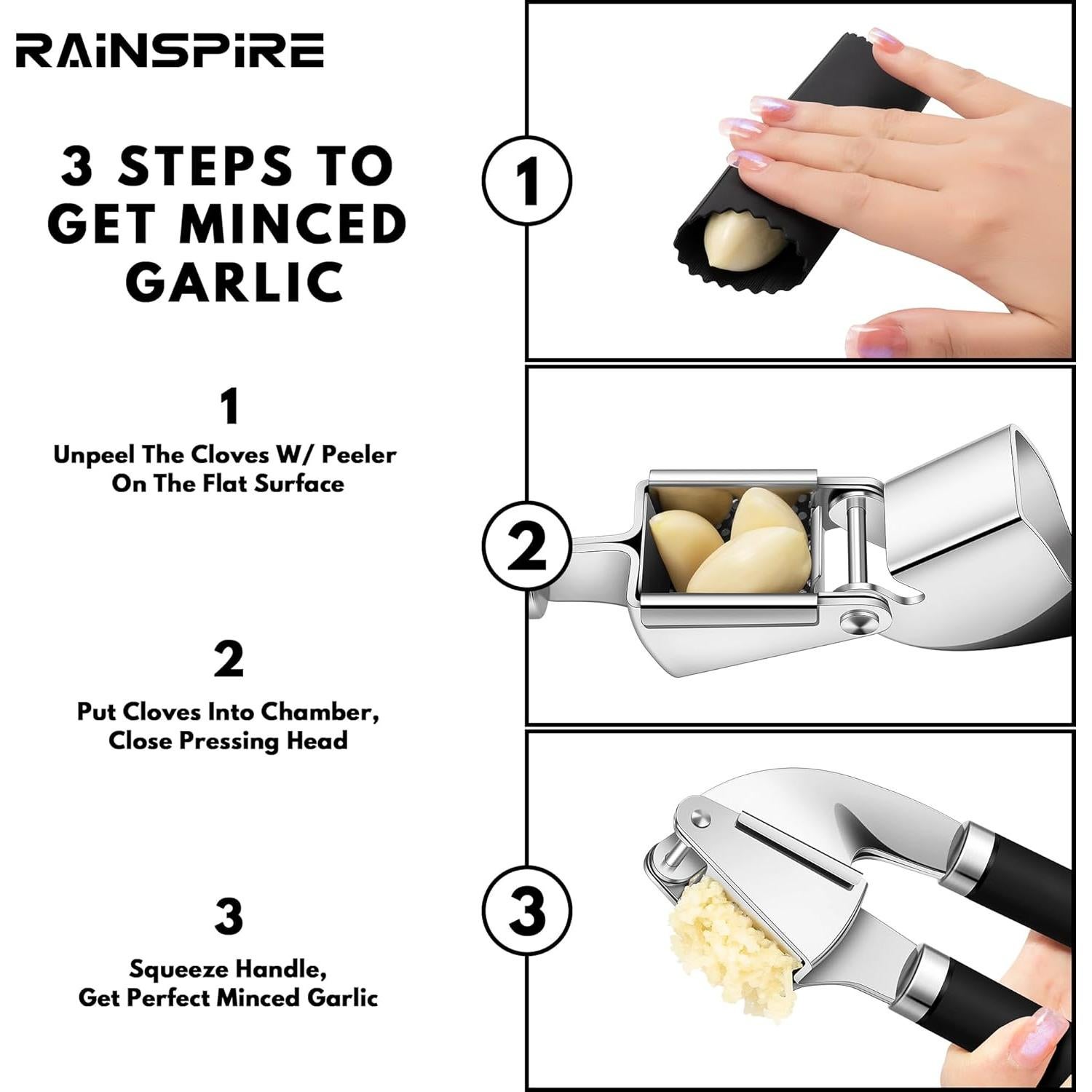 Prensa de Ajo Rainspire Acero Inoxidable con Pelador y Cepillo