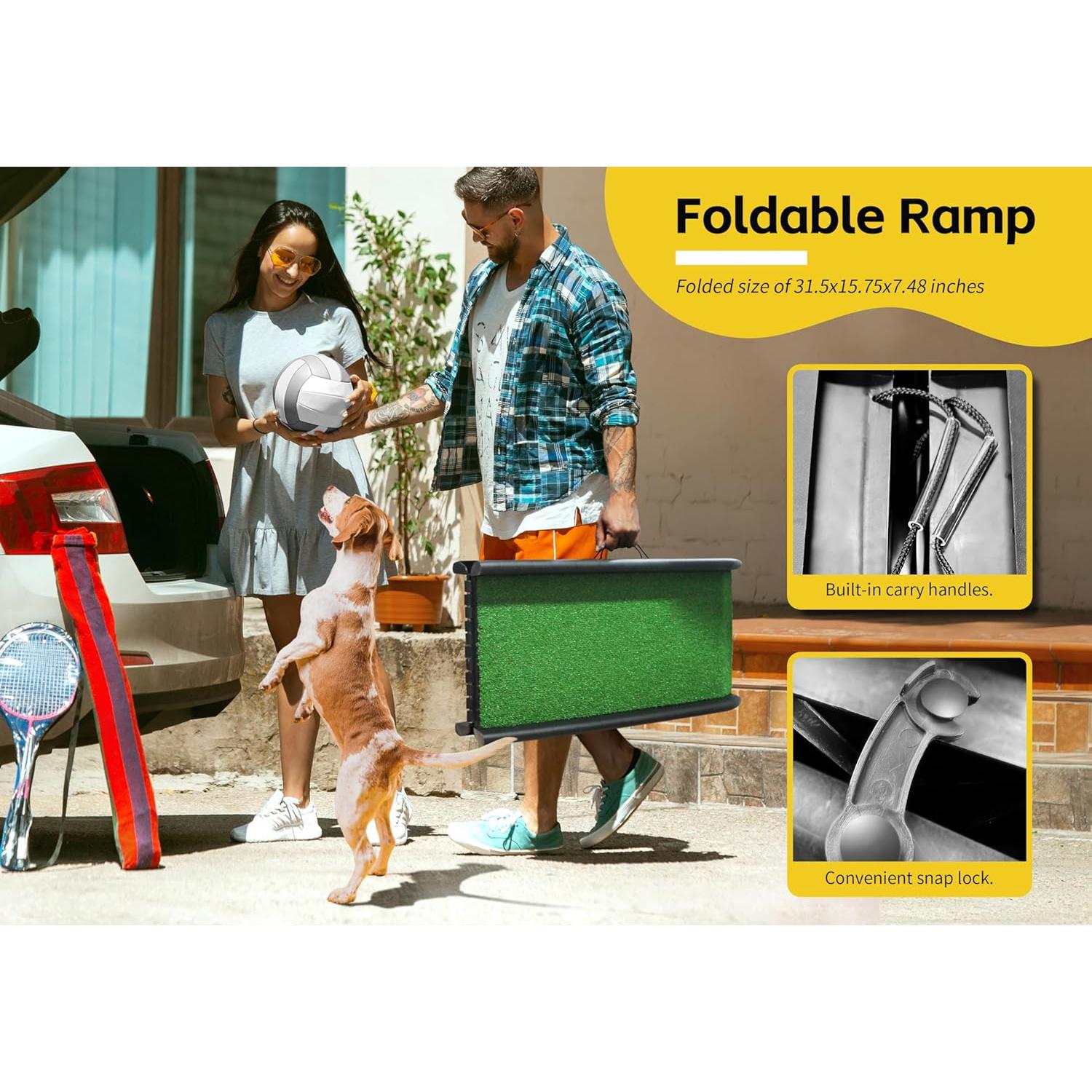 Rampa Plegable para Mascotas PawStep 50894 - Césped Antideslizante - Soporta hasta 90 kg