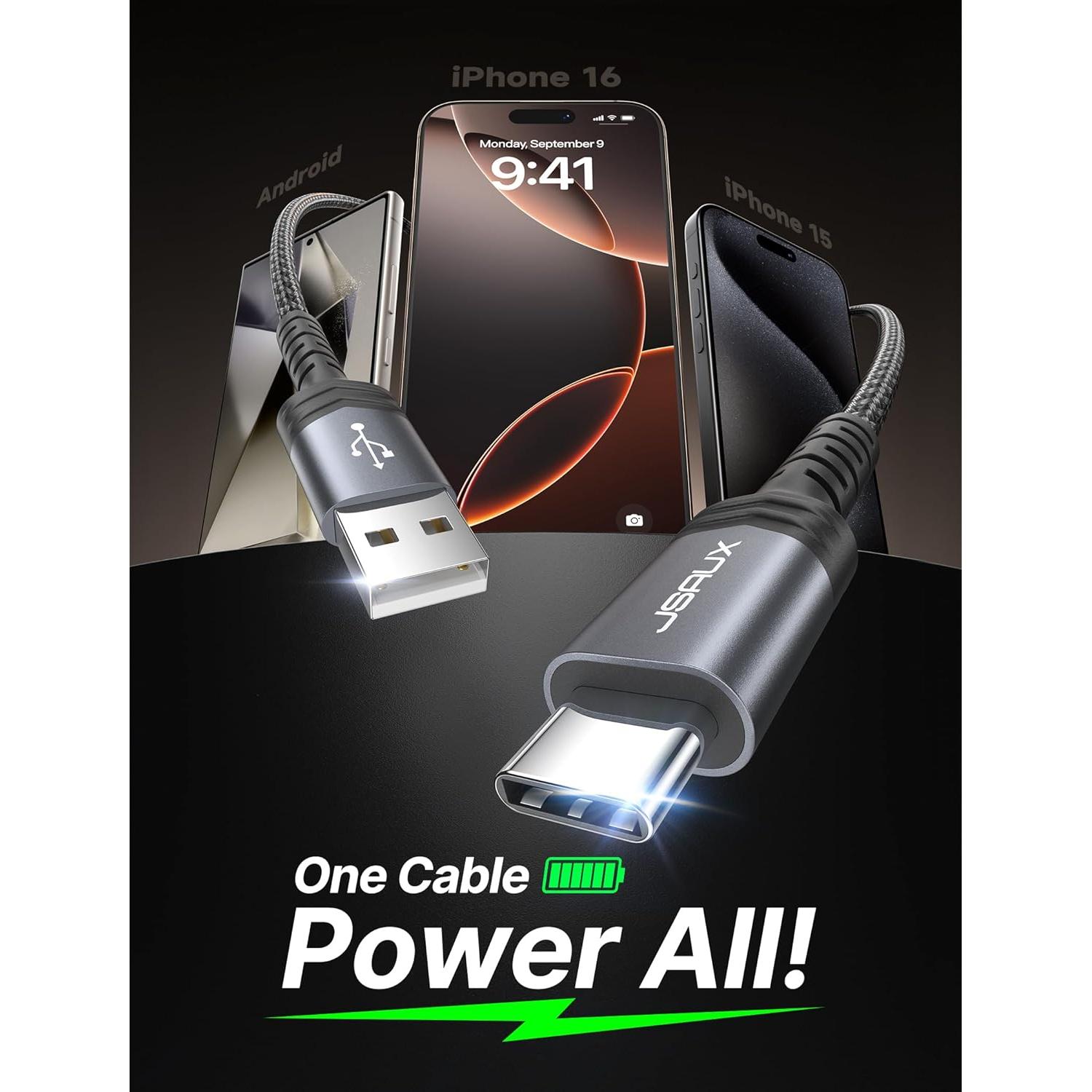 Cable USB C JSAUX 2-Pack 2m Carga Rápida 18W Gris