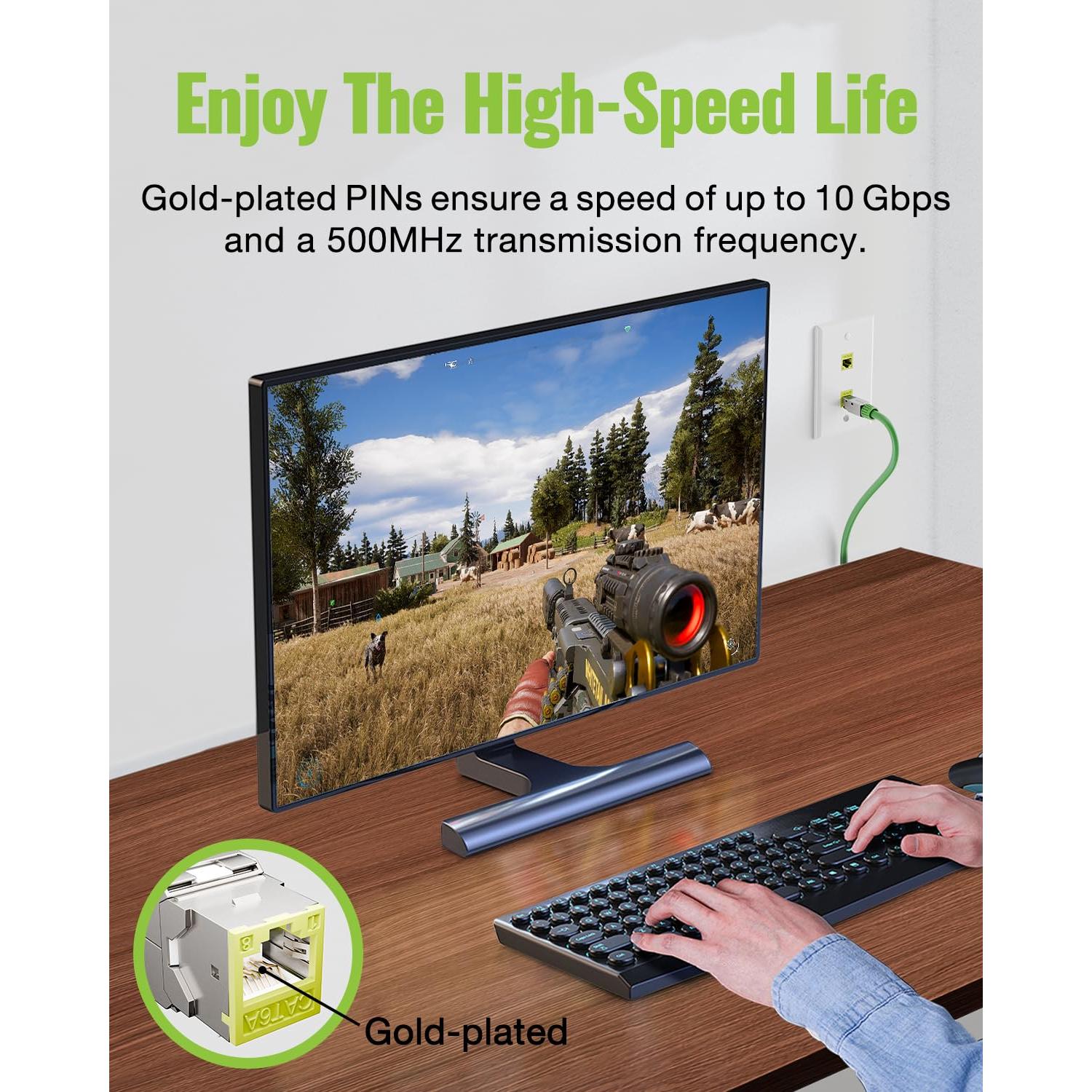 Paquete de 6 Jack Keystone RJ45 Cat6A 10 Gbps Verde LEENUE