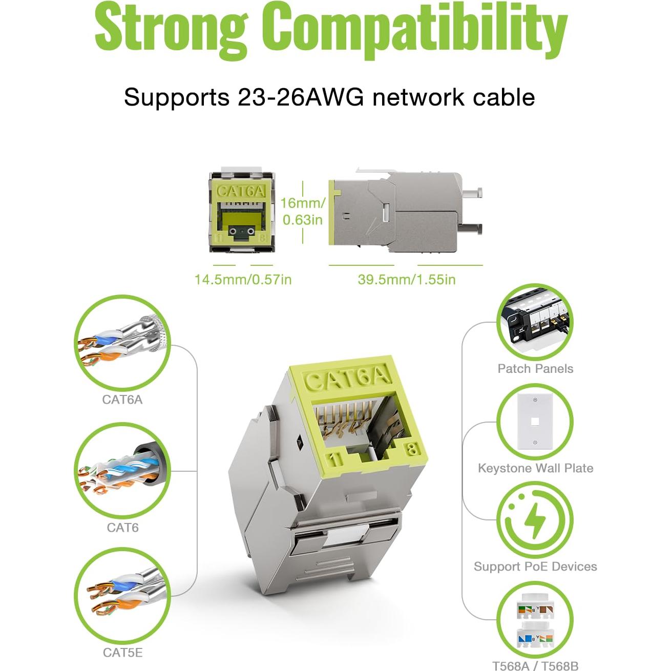 Paquete de 6 Jack Keystone RJ45 Cat6A 10 Gbps Verde LEENUE