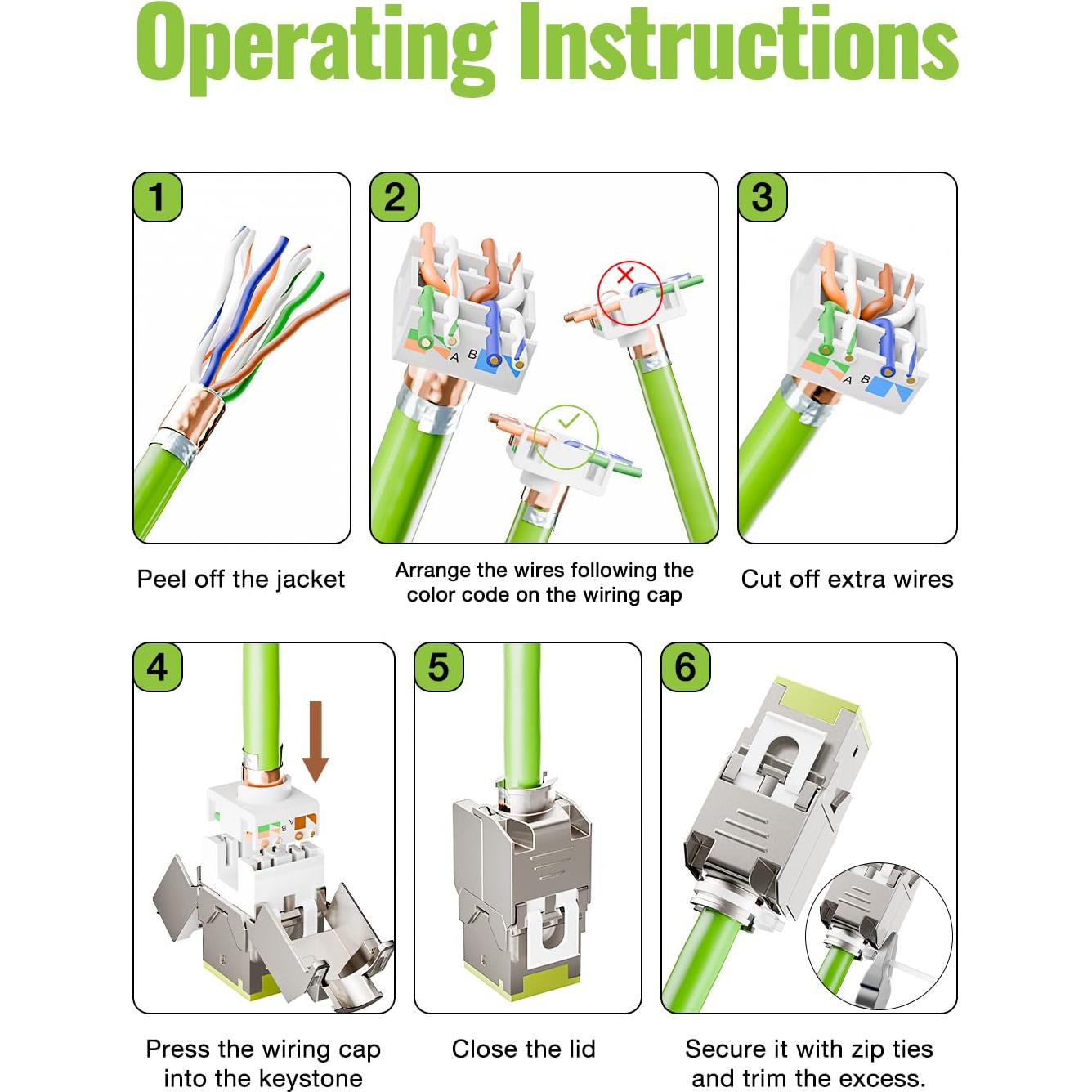 Paquete de 6 Jack Keystone RJ45 Cat6A 10 Gbps Verde LEENUE