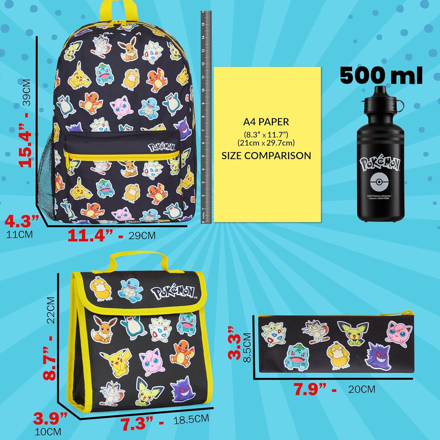 Conjunto Mochila Pokémon 4 Piezas Niños - Estuche, Botella, Almuerzo
